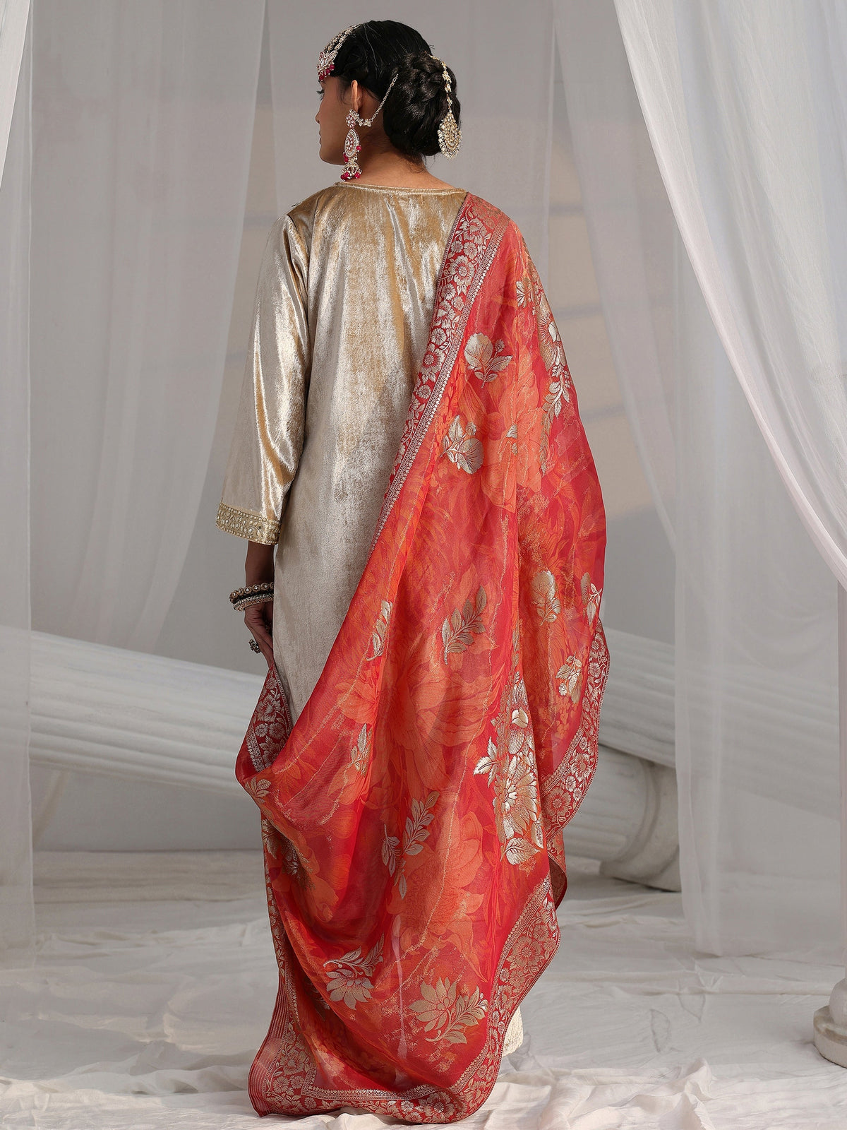 Anouk Cream Embroidered Velvet Straight Suit Set