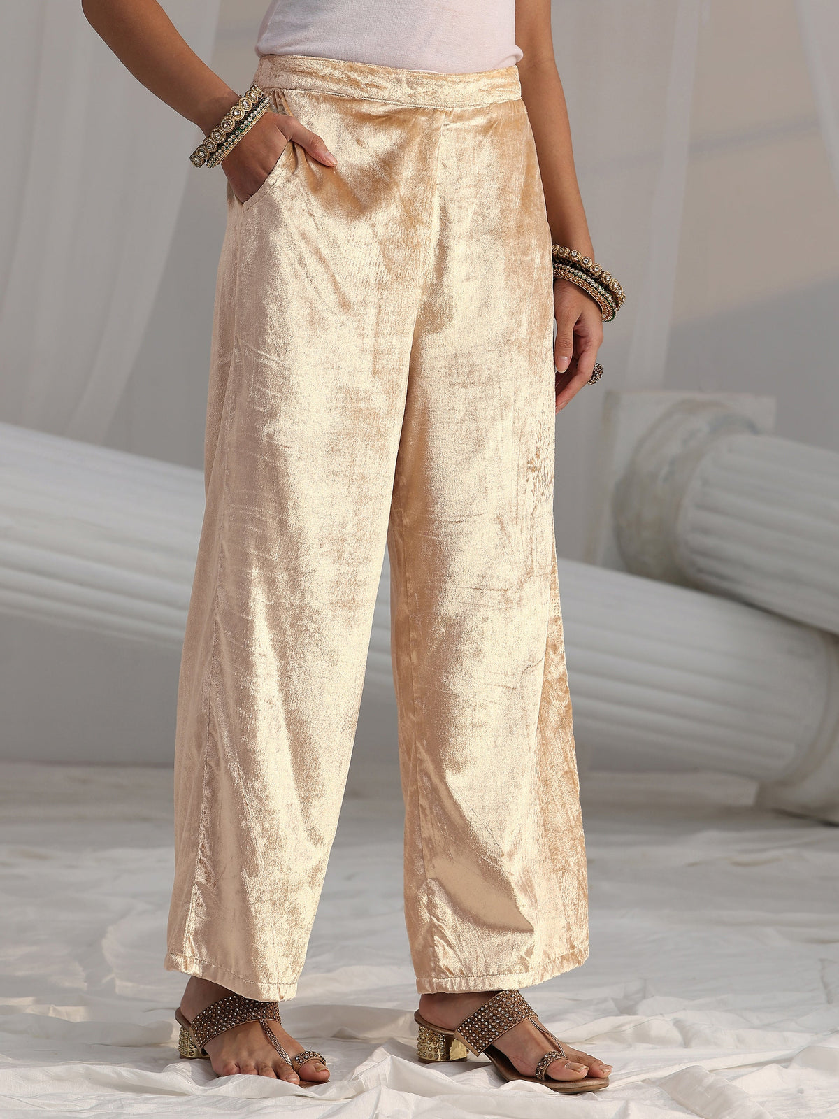 Anouk Cream Embroidered Velvet Straight Suit Set