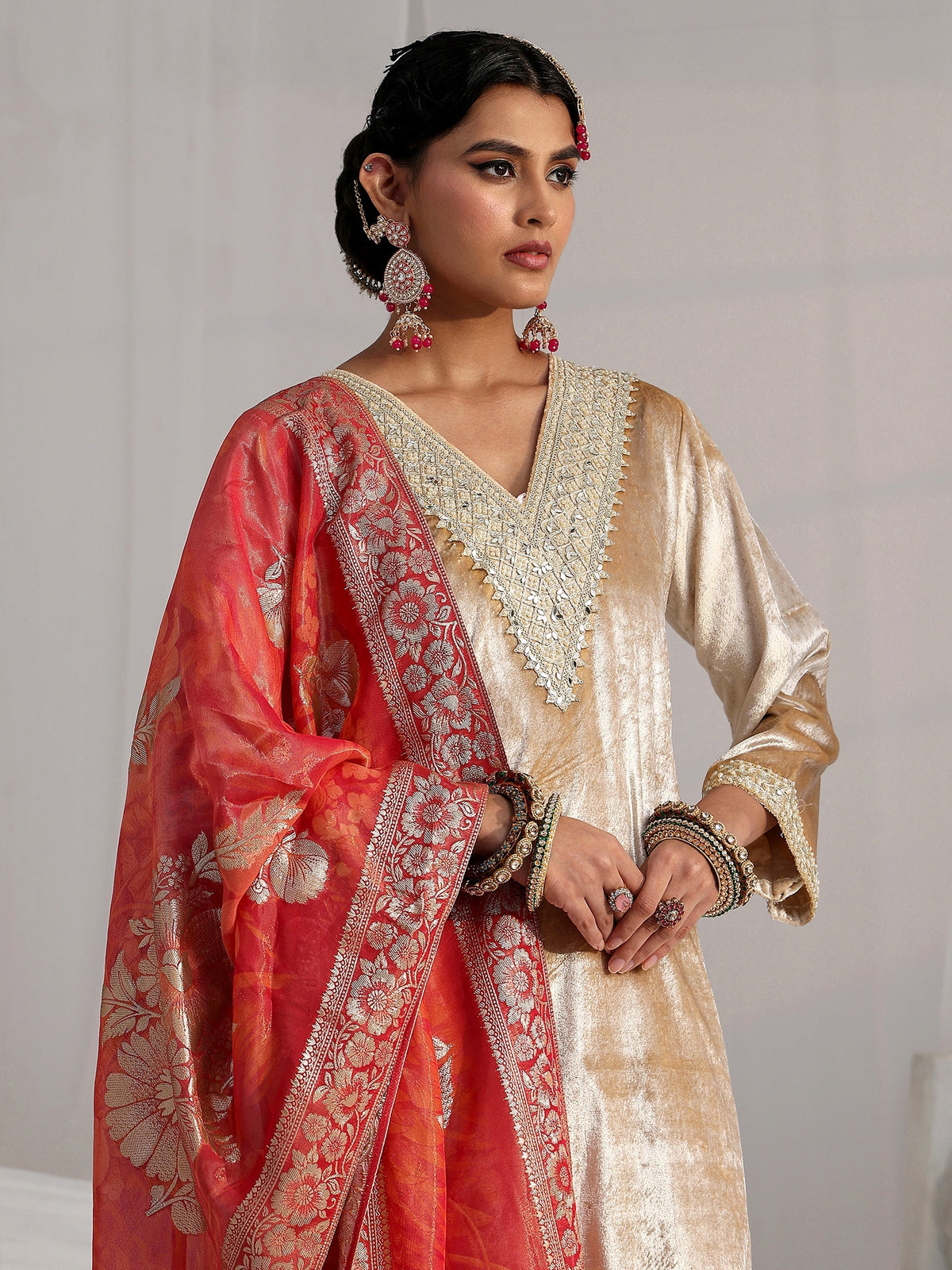 Anouk Cream Embroidered Velvet Straight Suit Set
