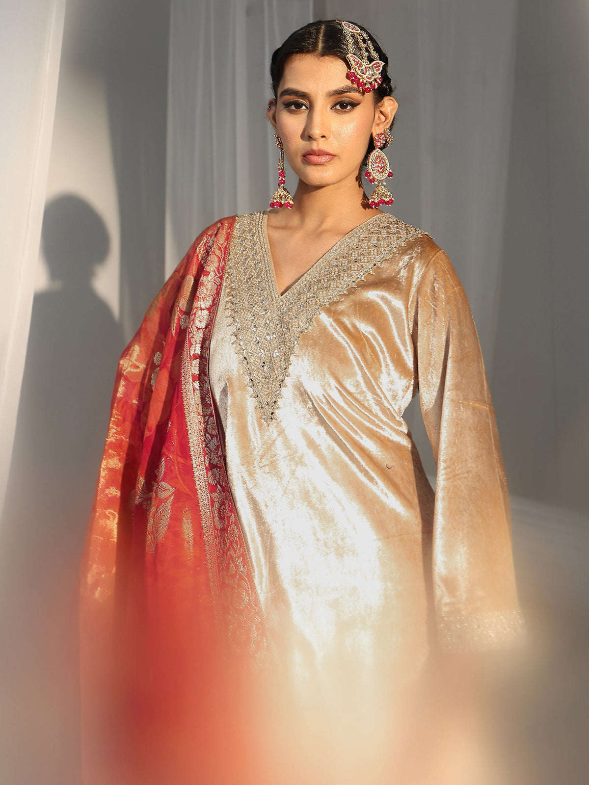 Anouk Cream Embroidered Velvet Straight Suit Set