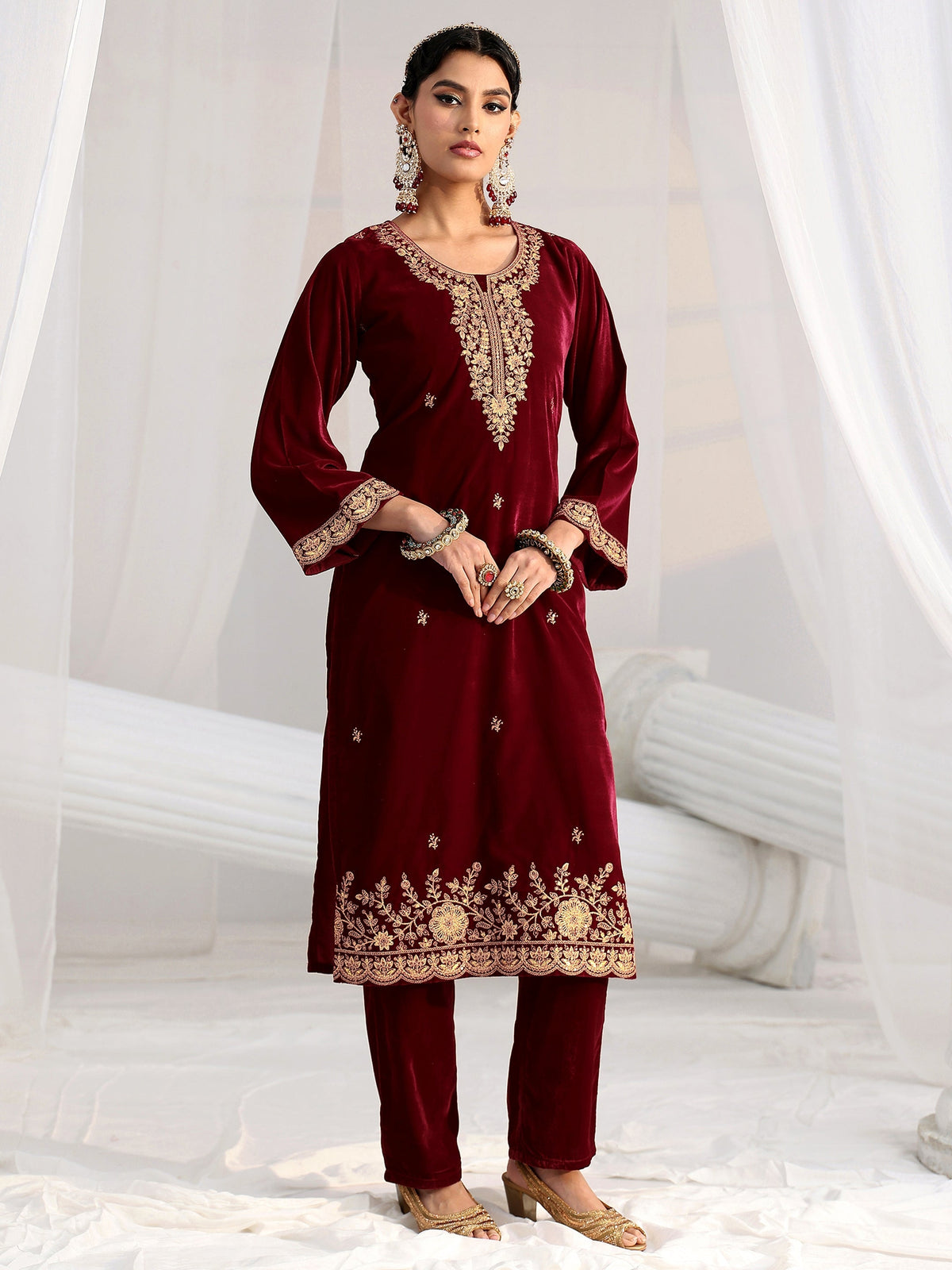 Anouk Maroon Floral Embroidered Velvet Straight Suit Set
