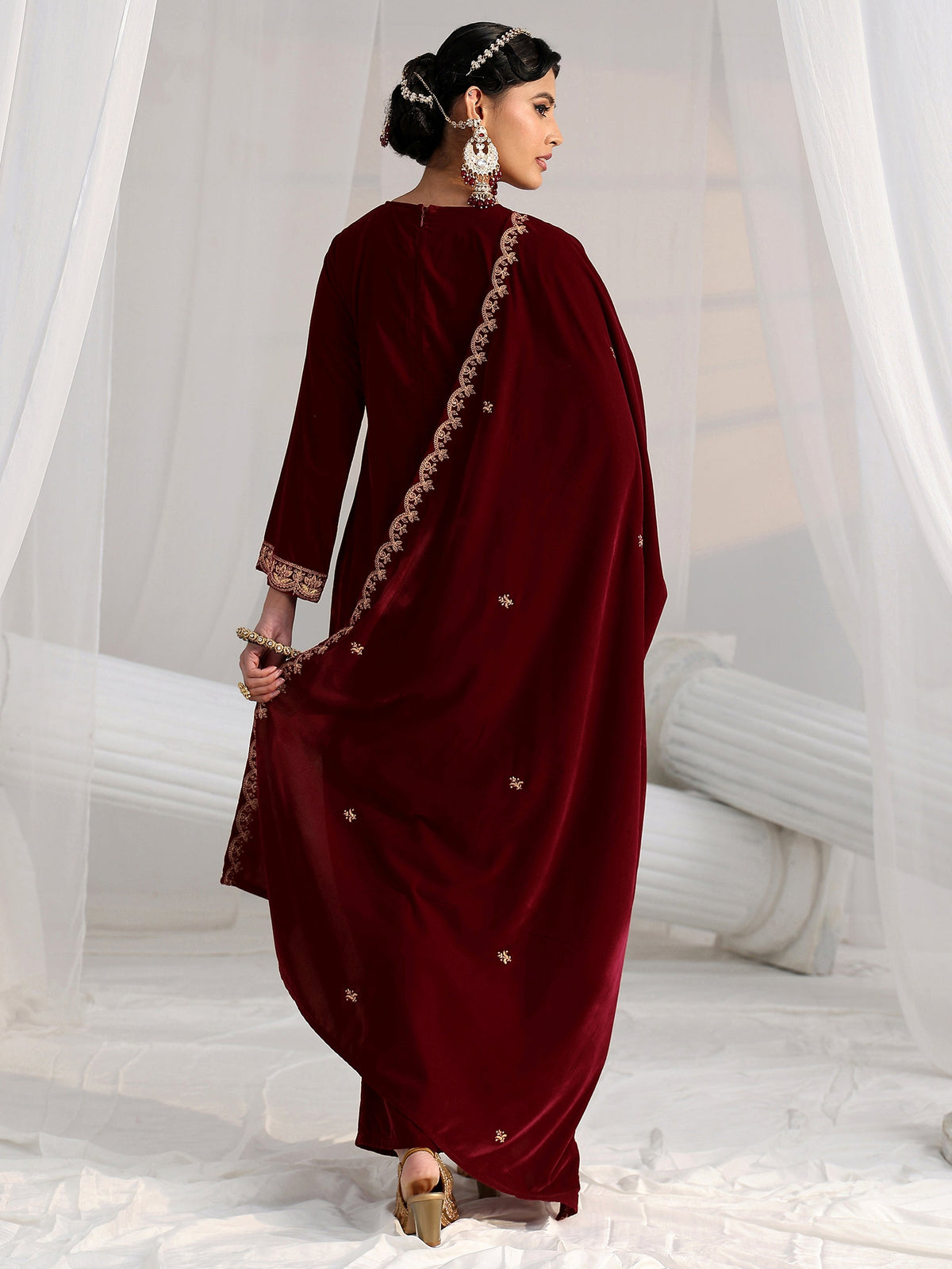 Anouk Maroon Floral Embroidered Velvet Straight Suit Set