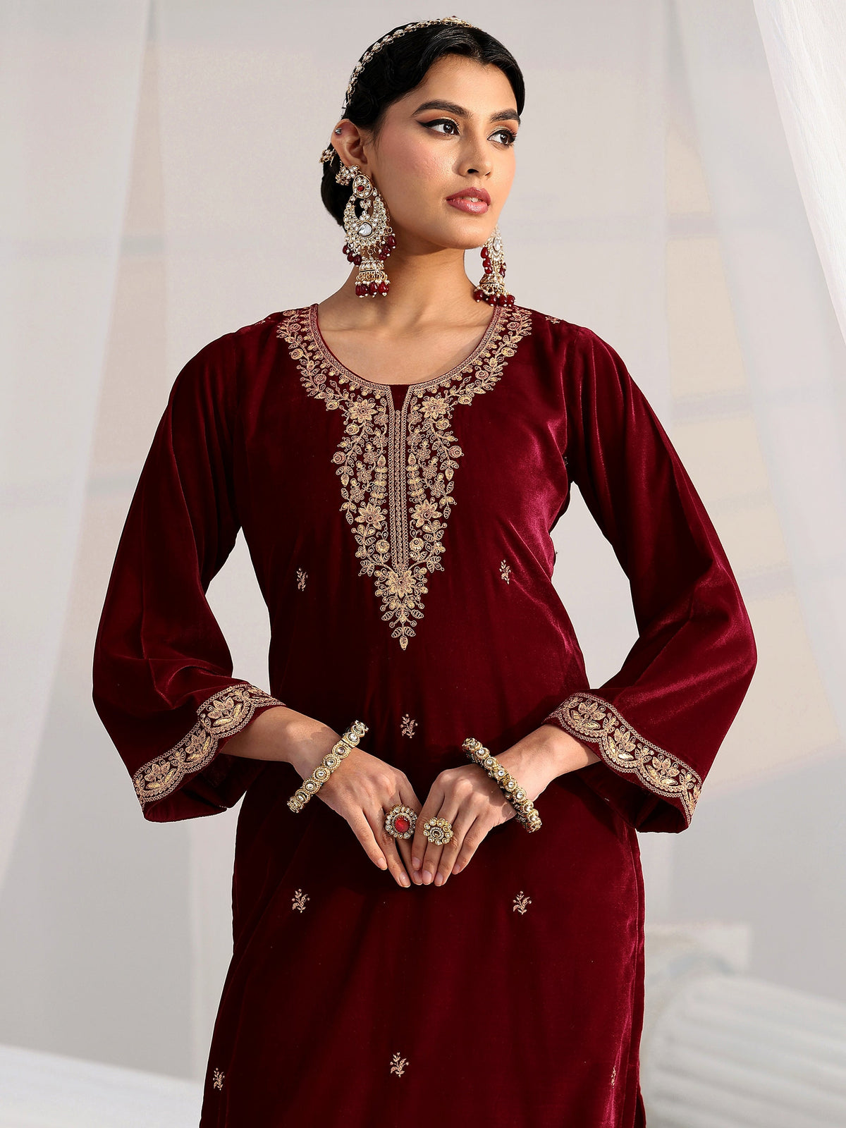 Anouk Maroon Floral Embroidered Velvet Straight Suit Set