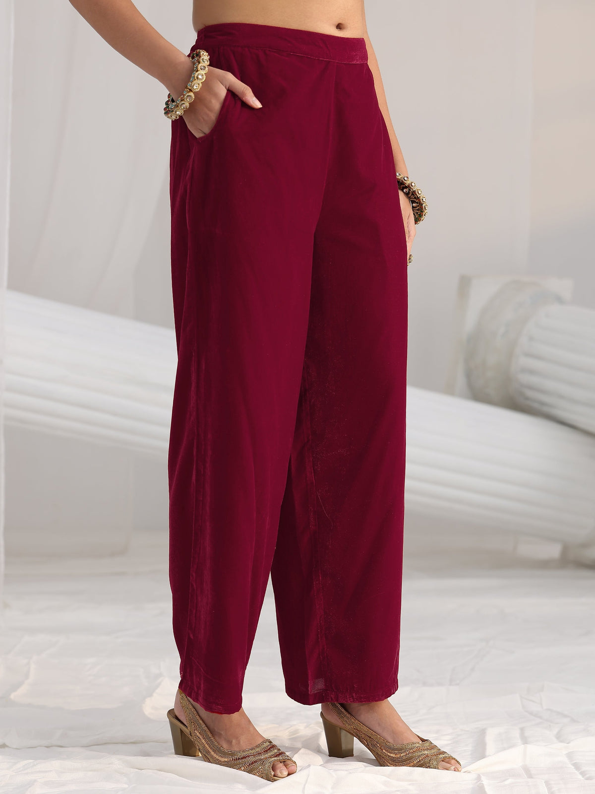 Anouk Maroon Floral Embroidered Velvet Straight Suit Set