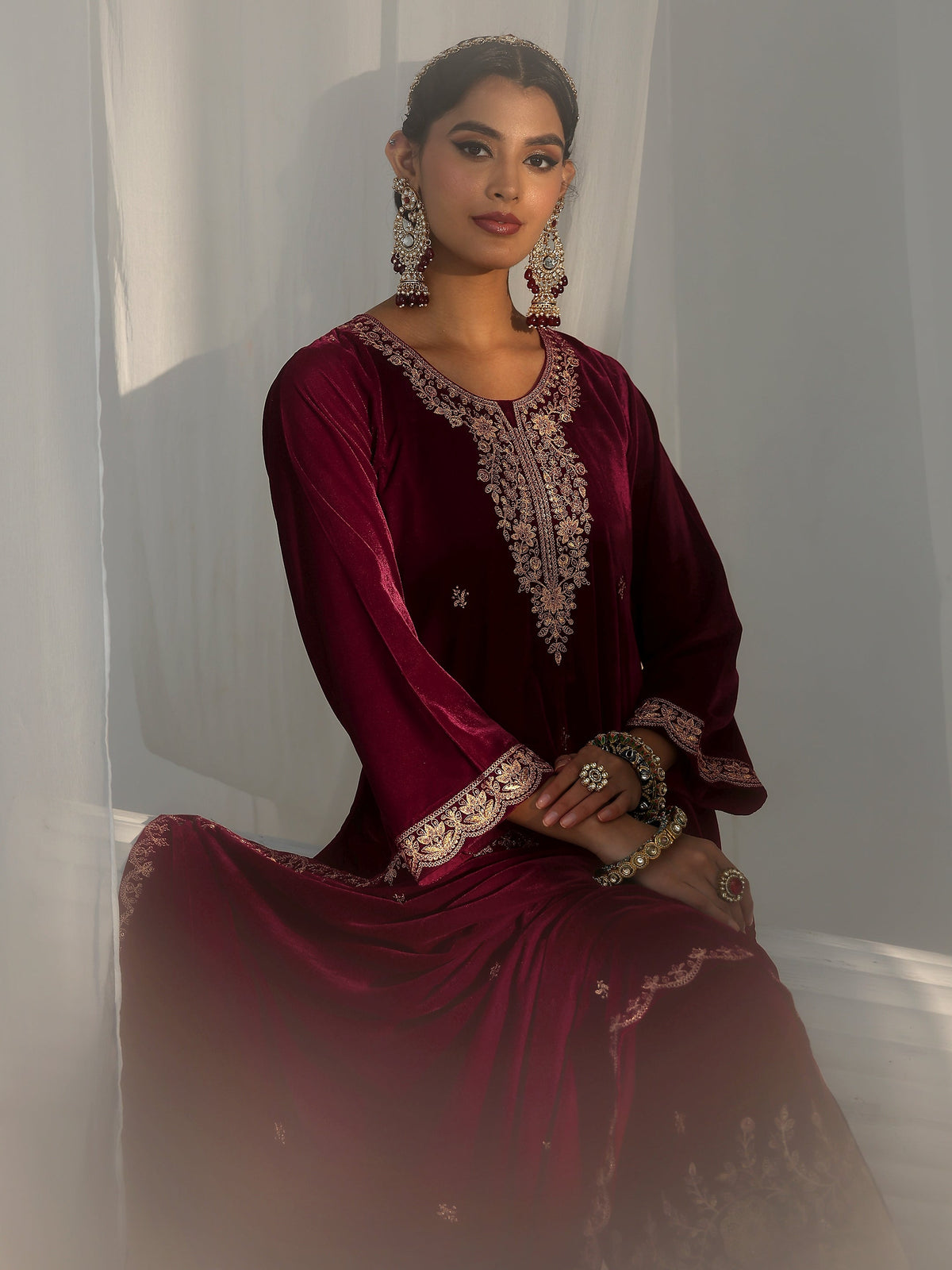 Anouk Maroon Floral Embroidered Velvet Straight Suit Set