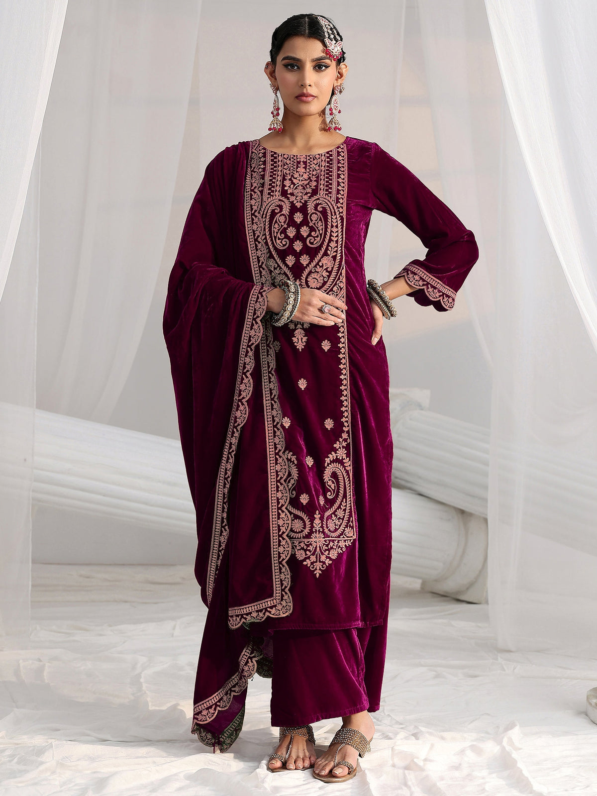Anouk Burgundy Paisley Embroidered Velvet Straight Suit Set