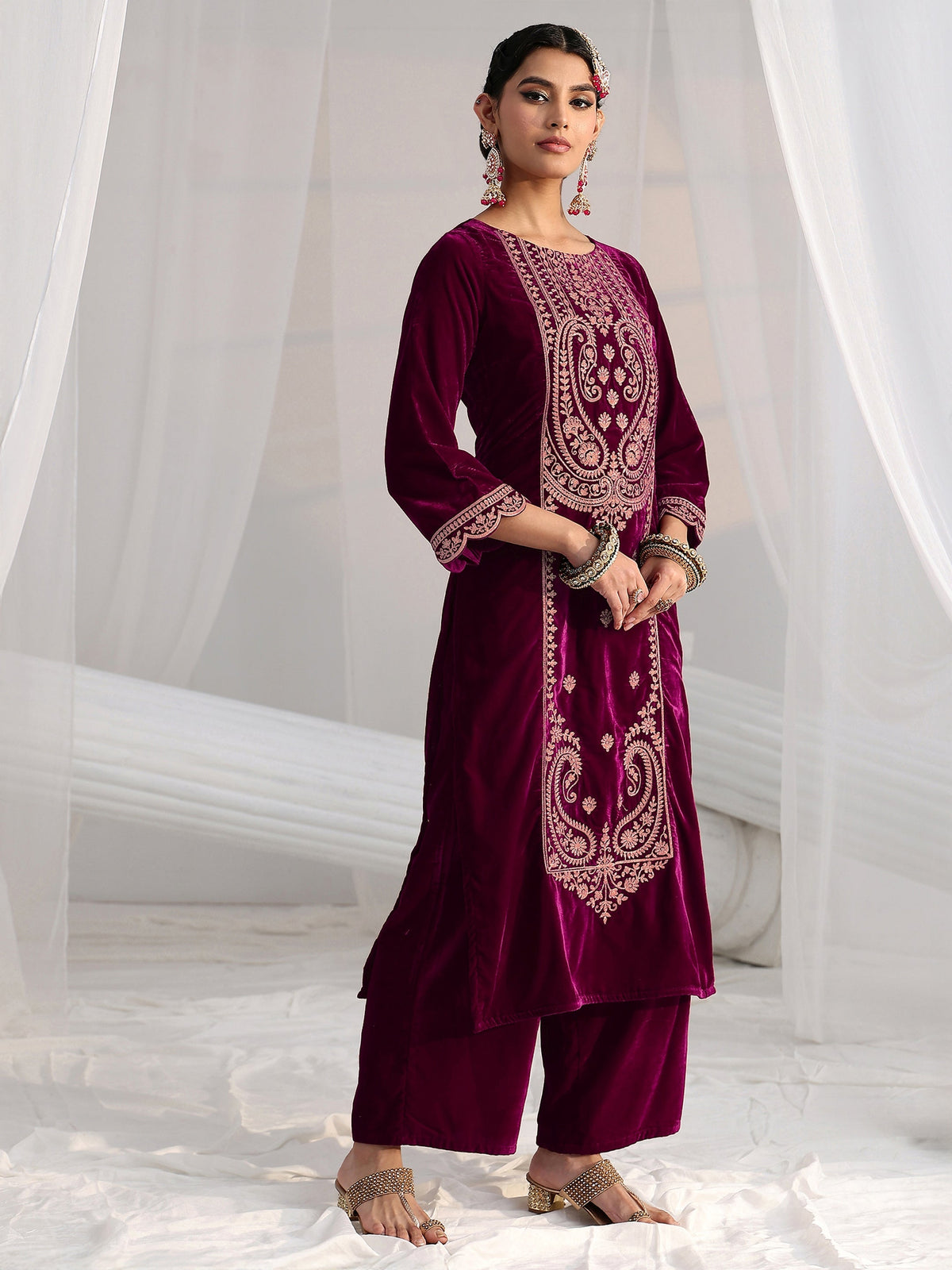 Anouk Burgundy Paisley Embroidered Velvet Straight Suit Set