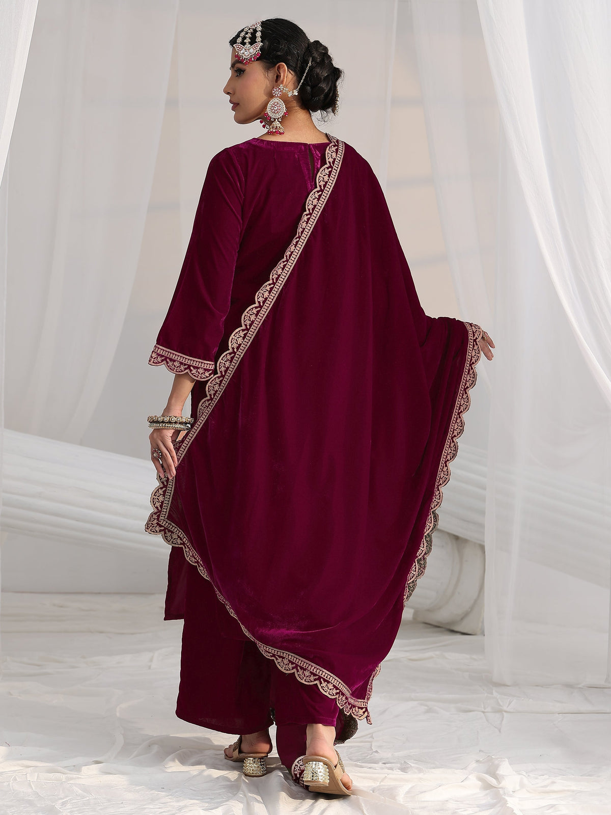 Anouk Burgundy Paisley Embroidered Velvet Straight Suit Set
