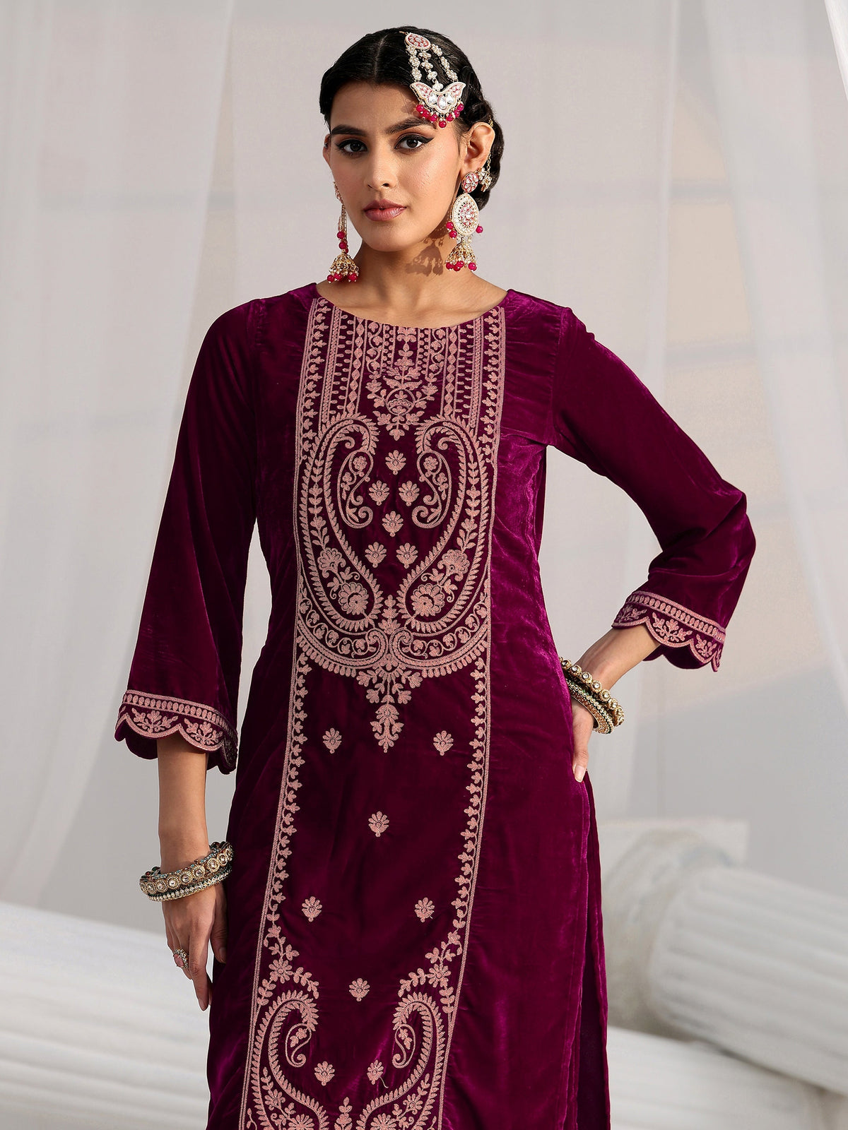 Anouk Burgundy Paisley Embroidered Velvet Straight Suit Set