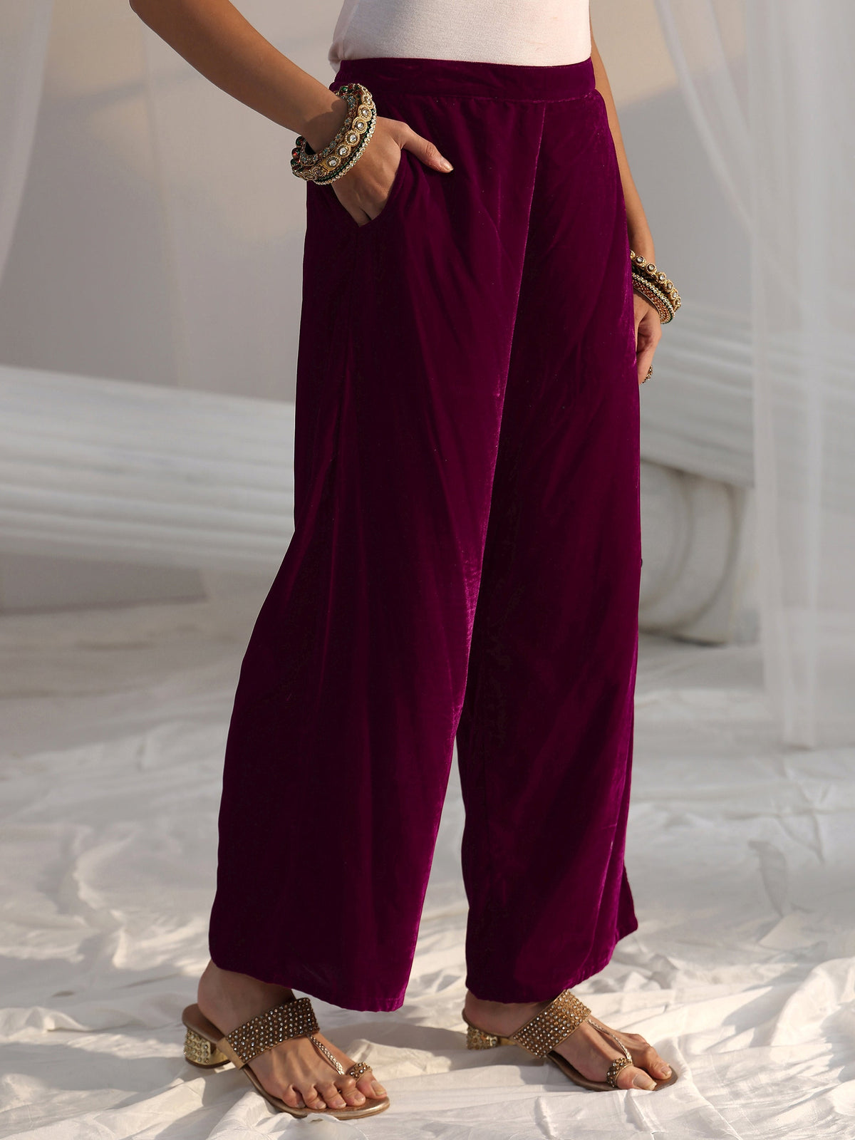 Anouk Burgundy Paisley Embroidered Velvet Straight Suit Set