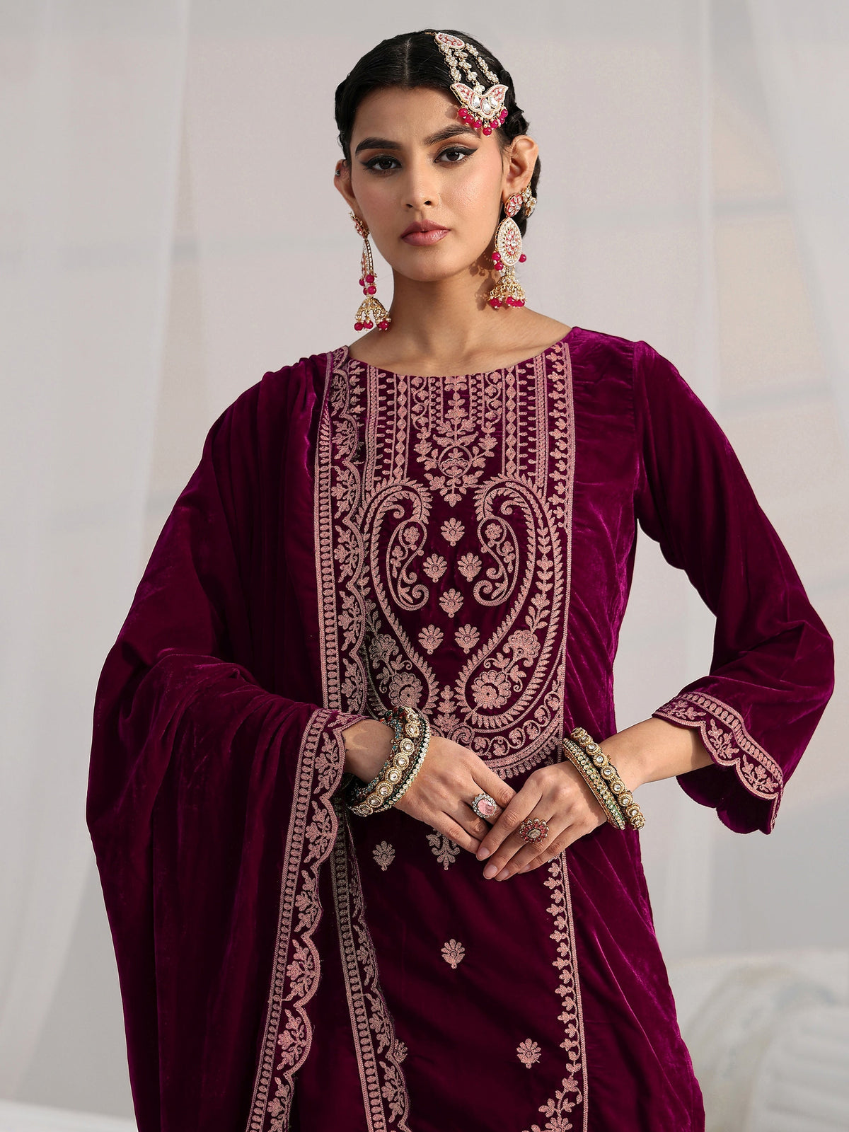 Anouk Burgundy Paisley Embroidered Velvet Straight Suit Set