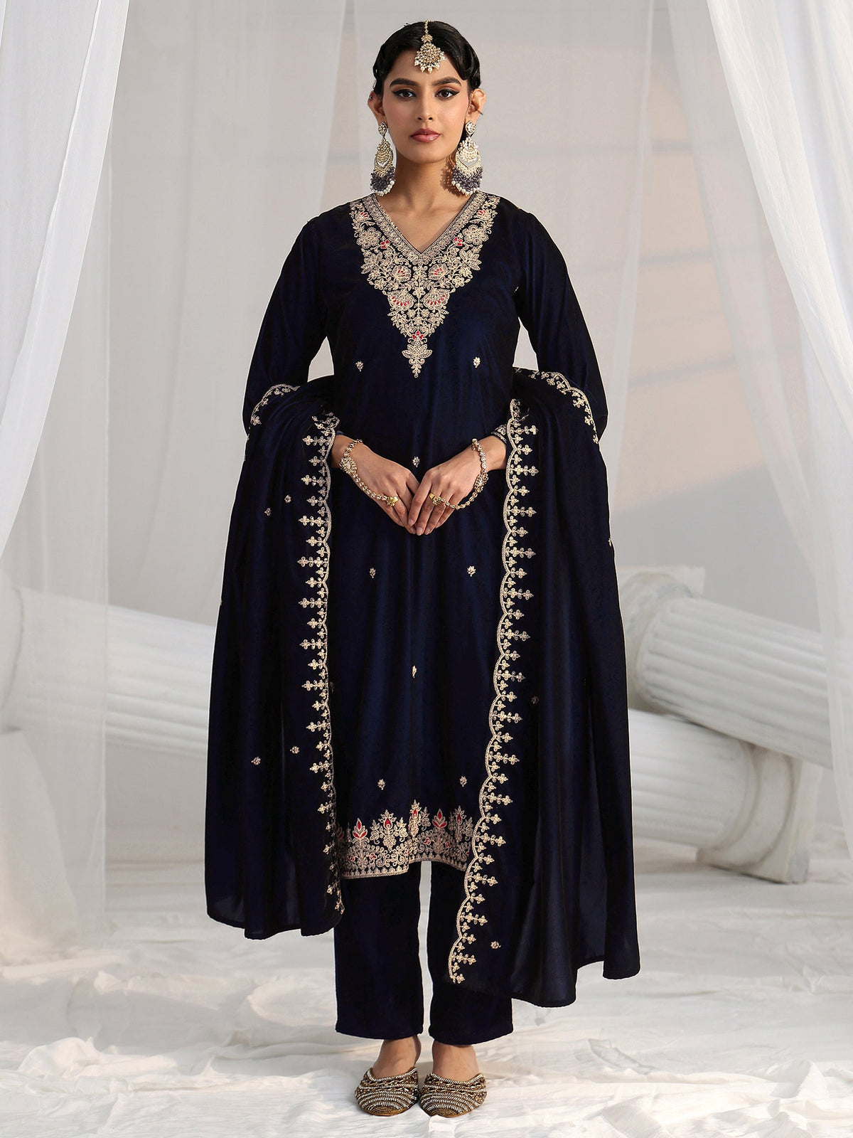 Anouk Navy Blue Embroidered Velvel Straight Suit Set
