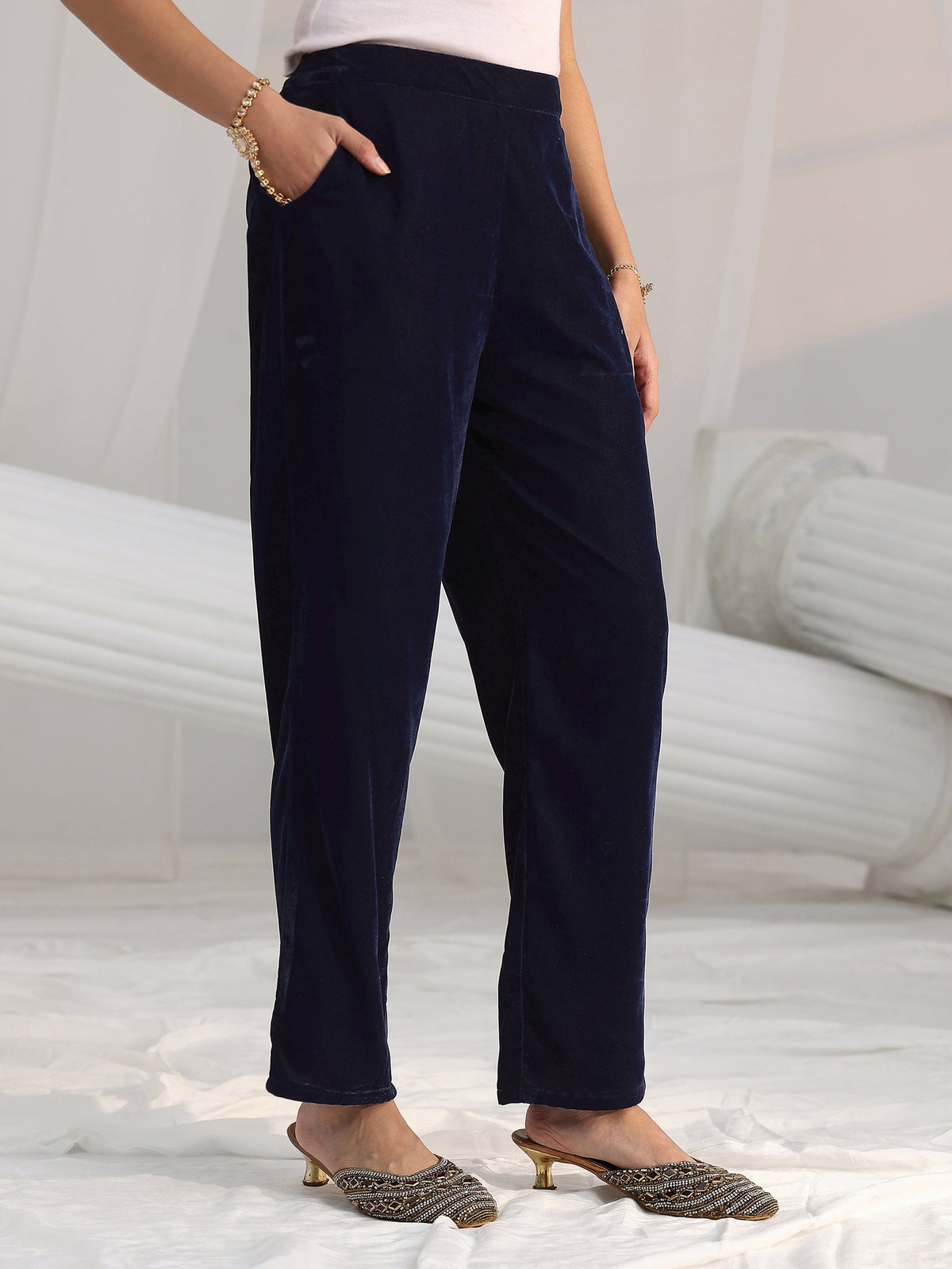 Anouk Navy Blue Embroidered Velvel Straight Suit Set