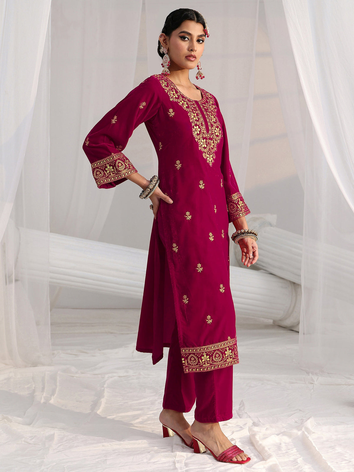 Anouk Red Floral Embroidered Velvet Straight Suit Set