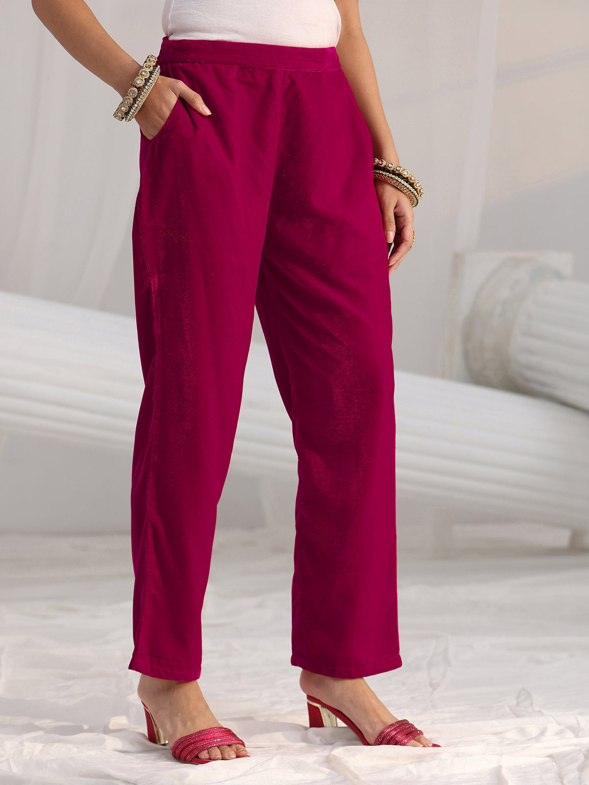 Anouk Red Floral Embroidered Velvet Straight Suit Set