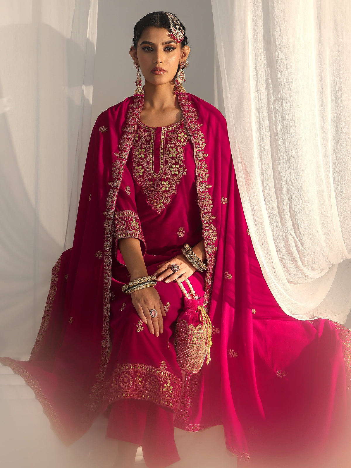 Anouk Red Floral Embroidered Velvet Straight Suit Set