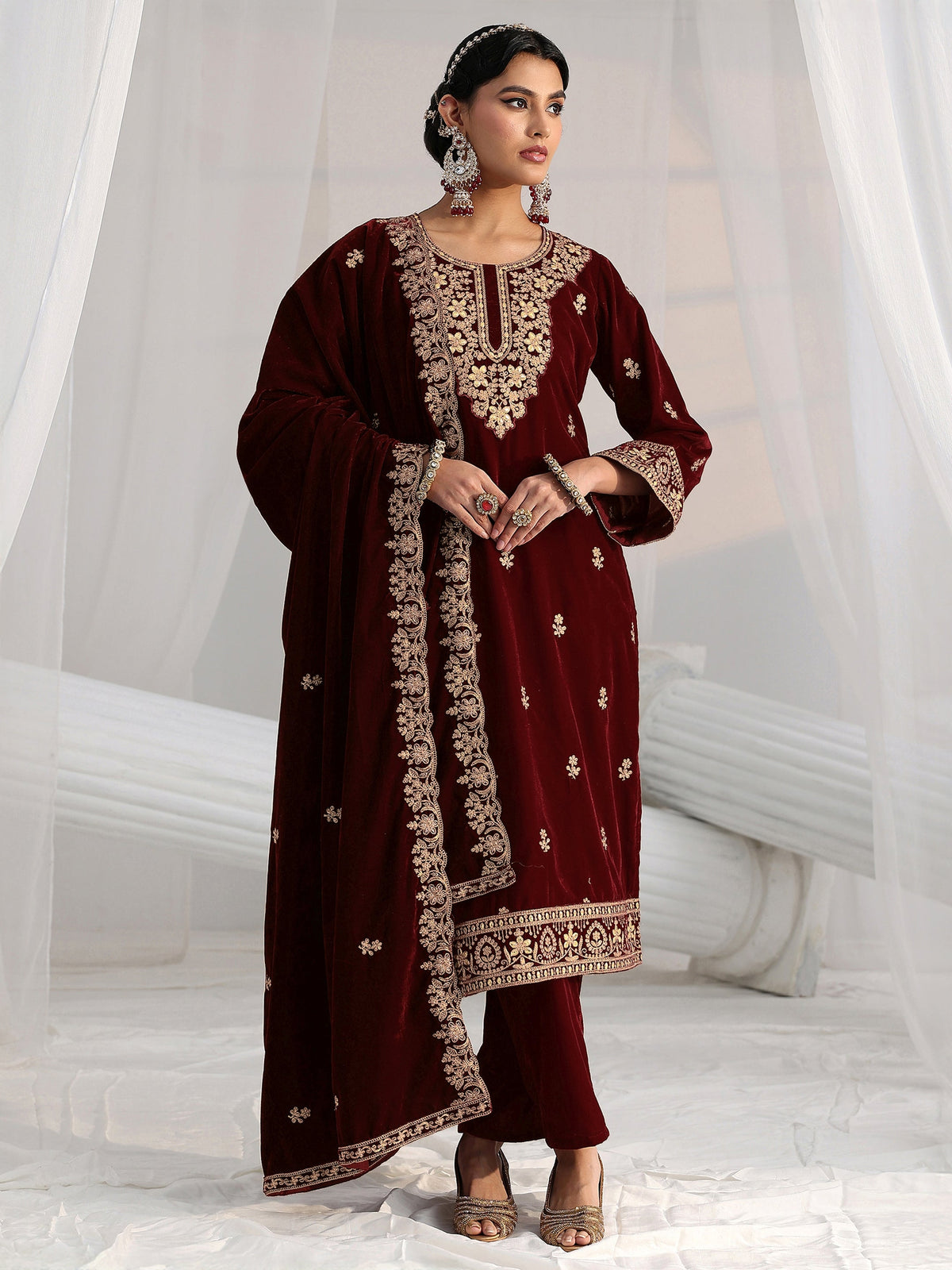 Anouk Maroon Floral Embroidered Velvet Straight Suit Set