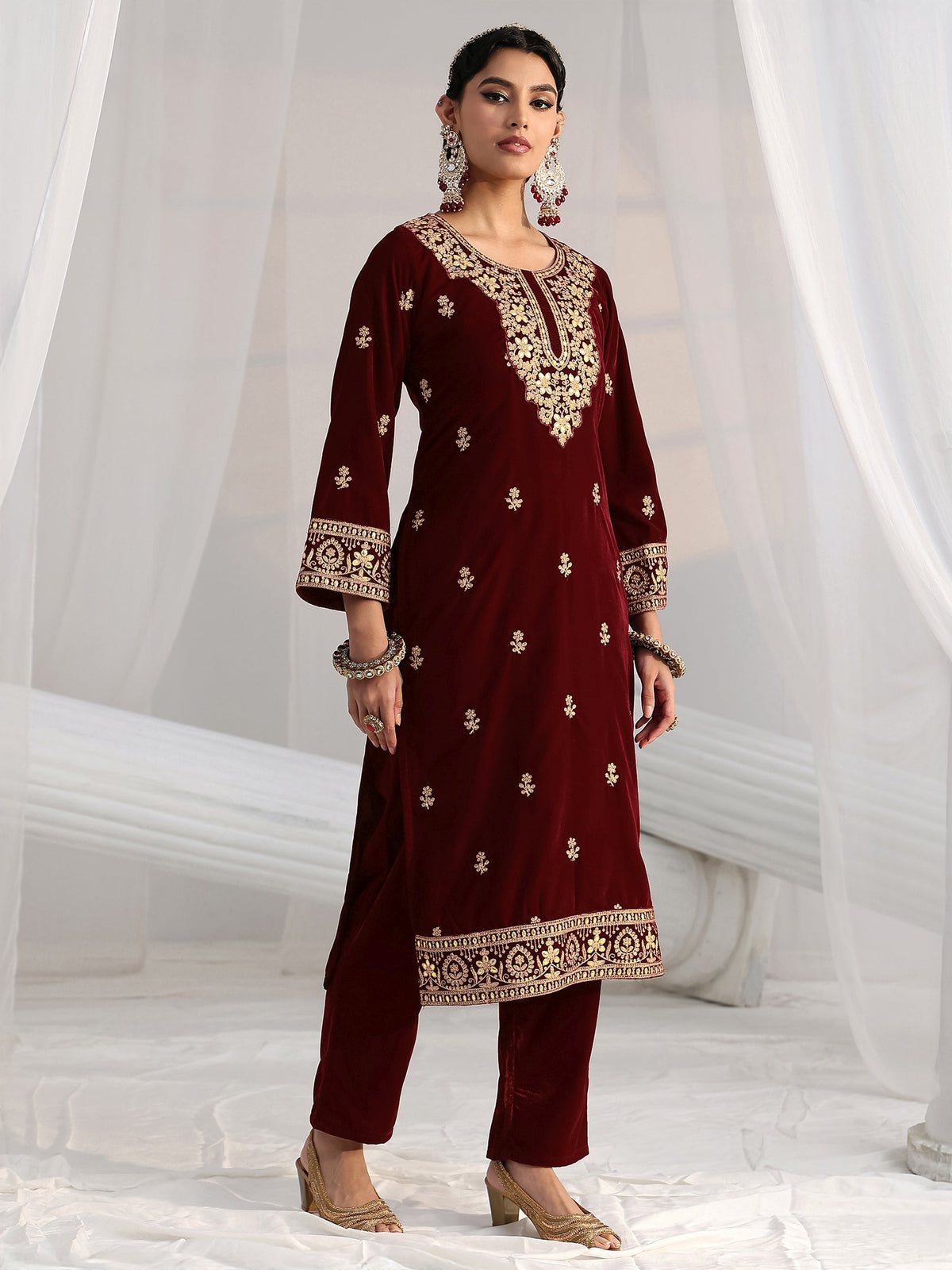 Anouk Maroon Floral Embroidered Velvet Straight Suit Set