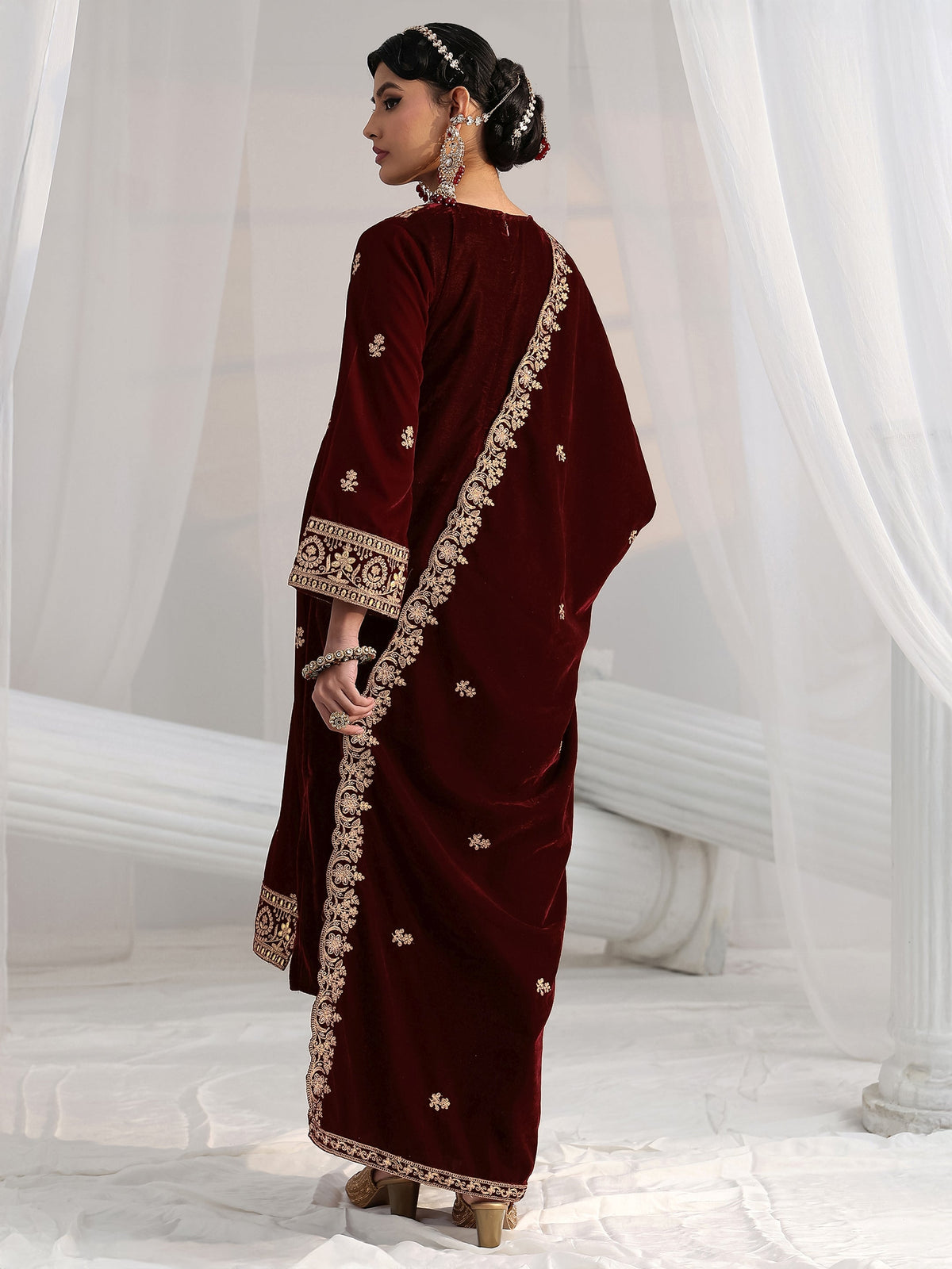 Anouk Maroon Floral Embroidered Velvet Straight Suit Set