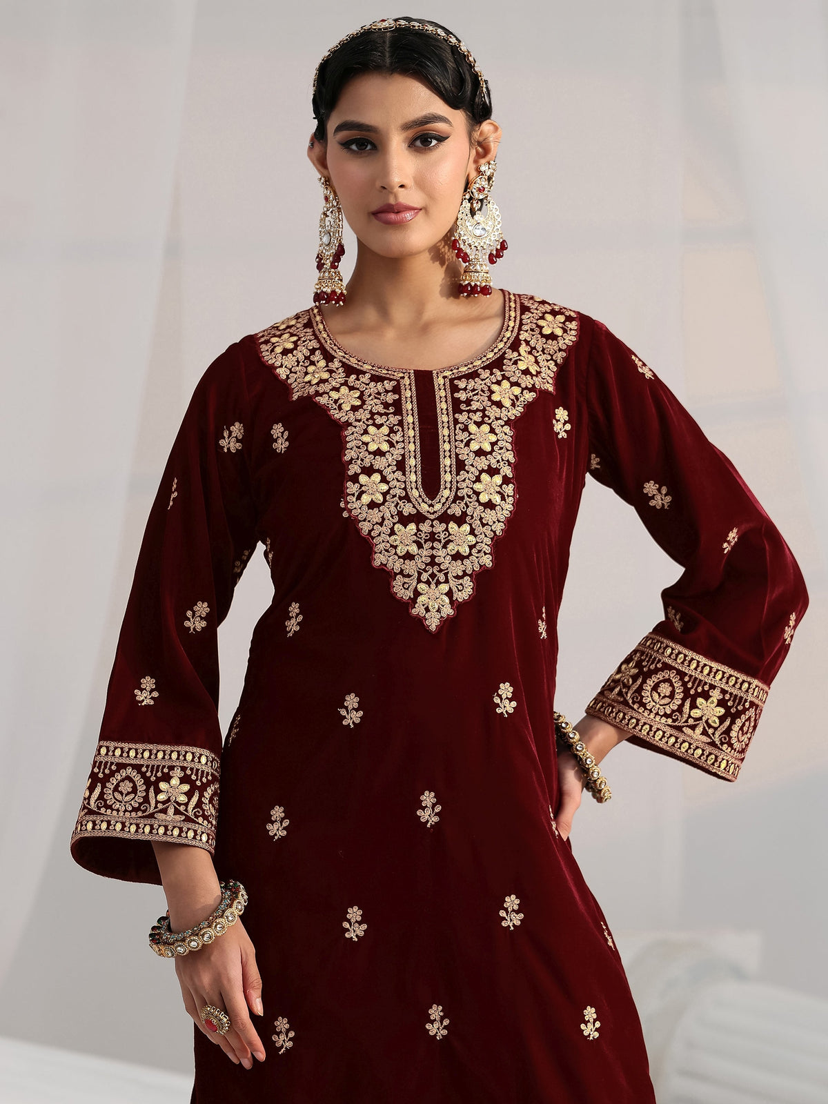 Anouk Maroon Floral Embroidered Velvet Straight Suit Set
