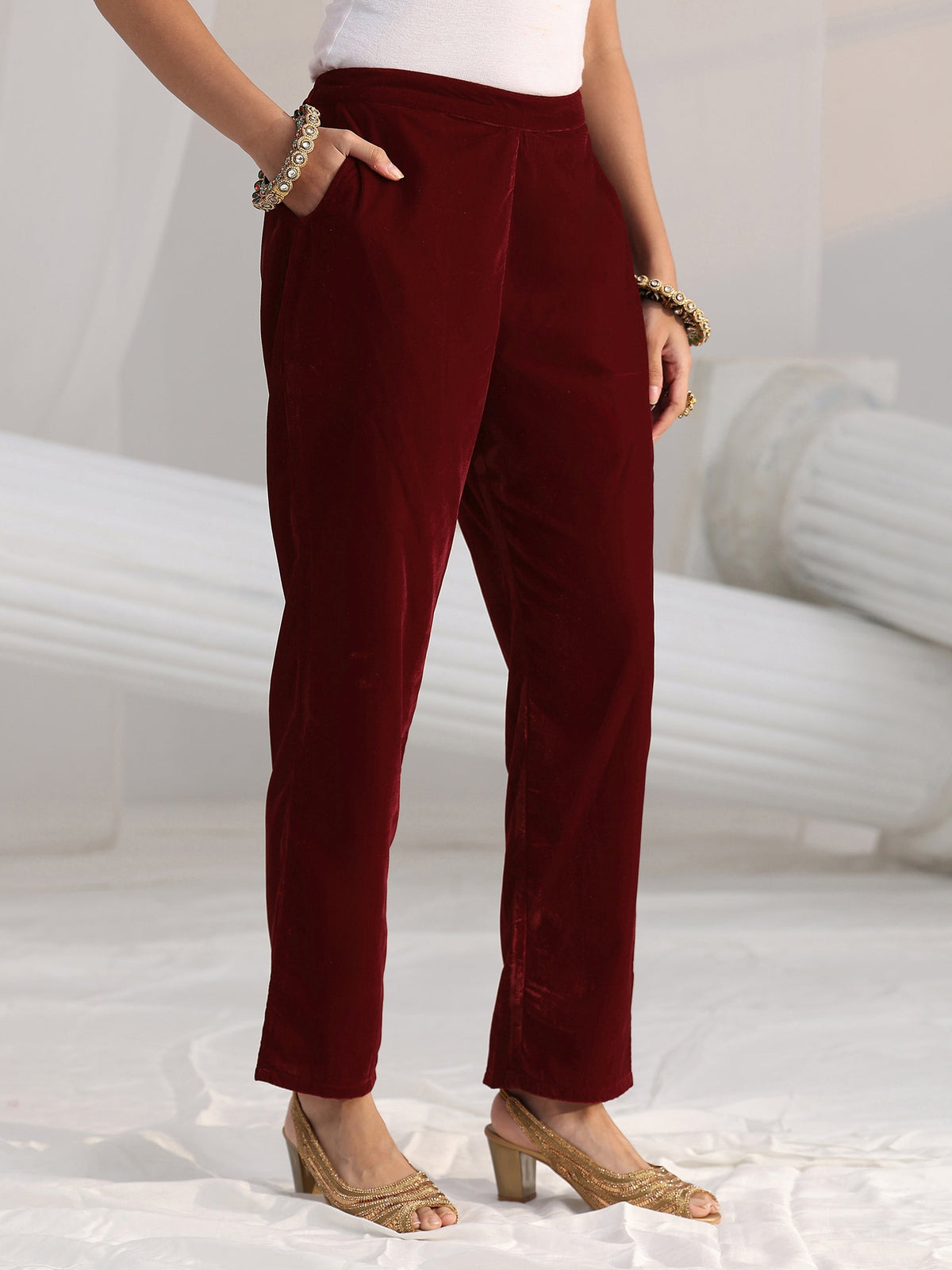 Anouk Maroon Floral Embroidered Velvet Straight Suit Set