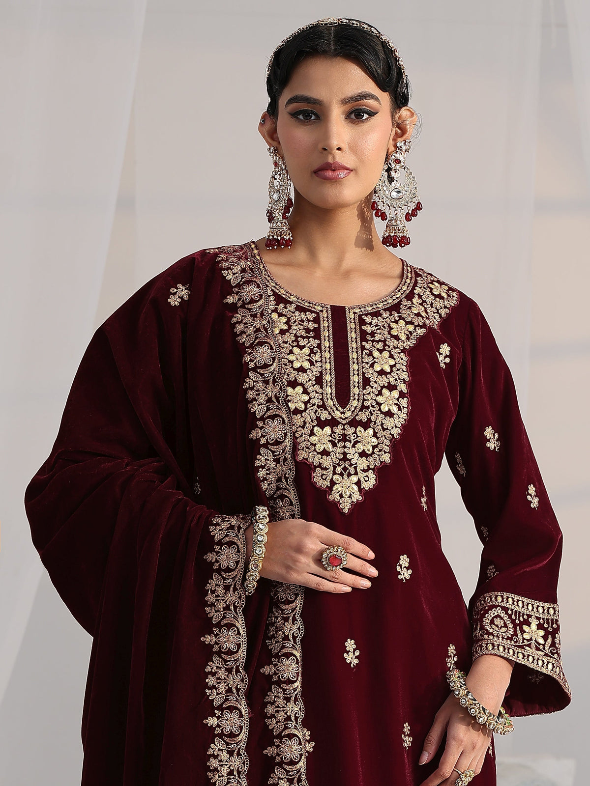 Anouk Maroon Floral Embroidered Velvet Straight Suit Set