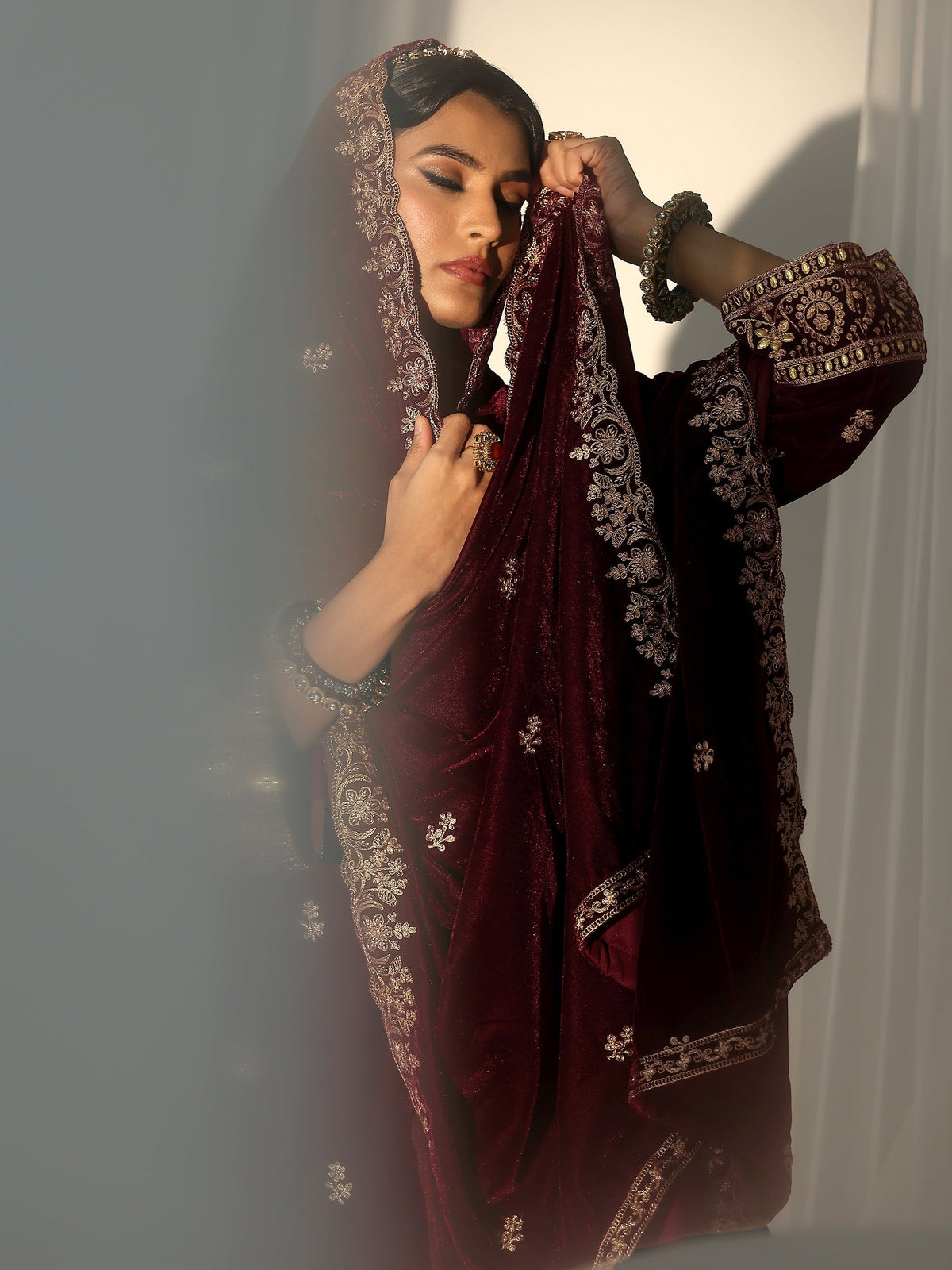 Anouk Maroon Floral Embroidered Velvet Straight Suit Set
