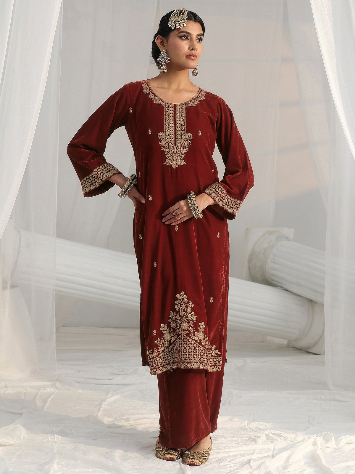 Anouk Rust Brown Floral Embroidered Velvet Straight Suit Set