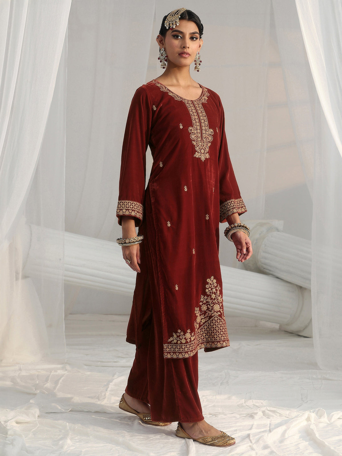 Anouk Rust Brown Floral Embroidered Velvet Straight Suit Set