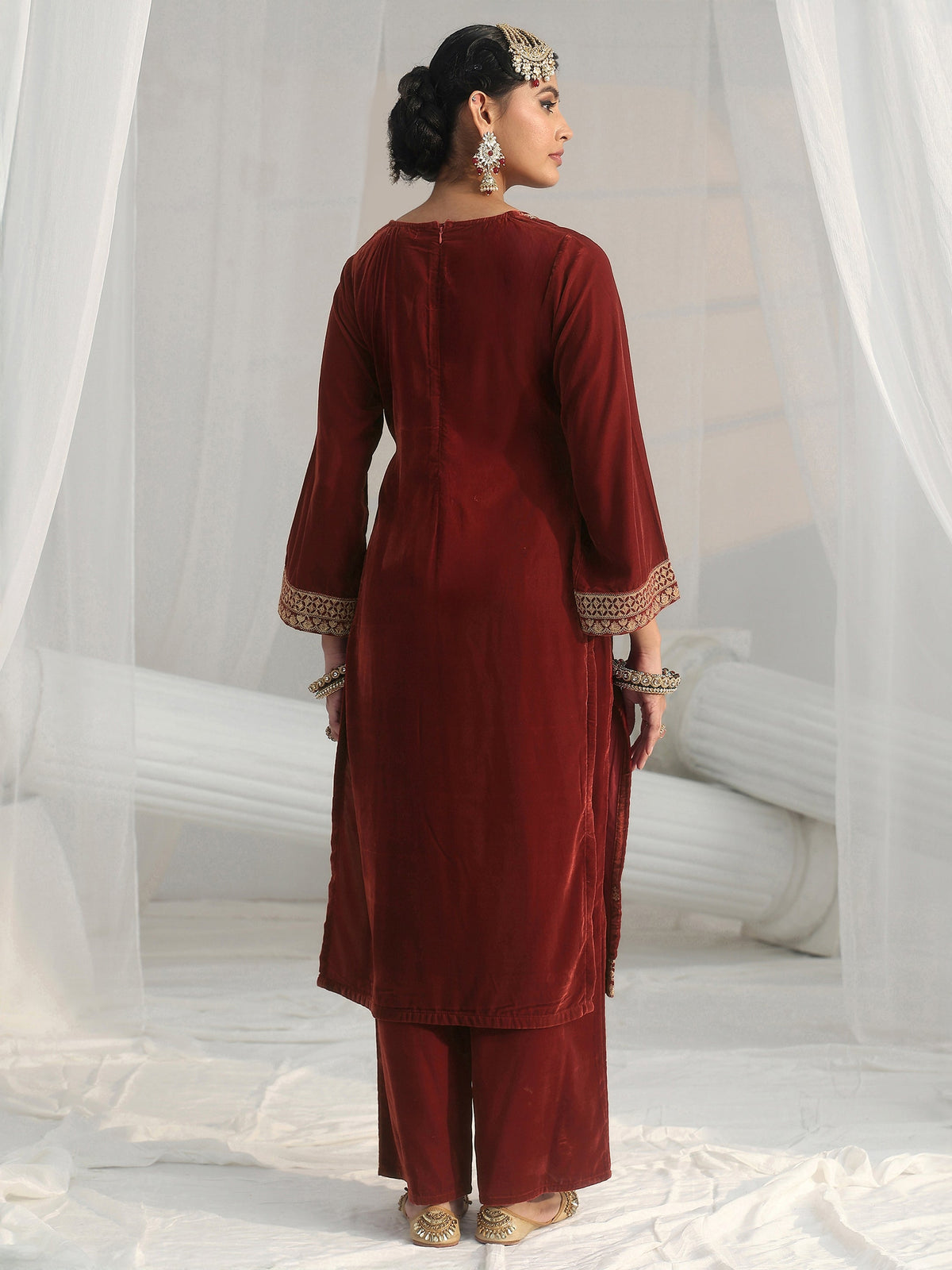 Anouk Rust Brown Floral Embroidered Velvet Straight Suit Set
