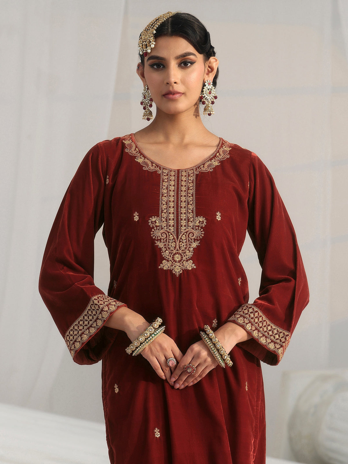 Anouk Rust Brown Floral Embroidered Velvet Straight Suit Set
