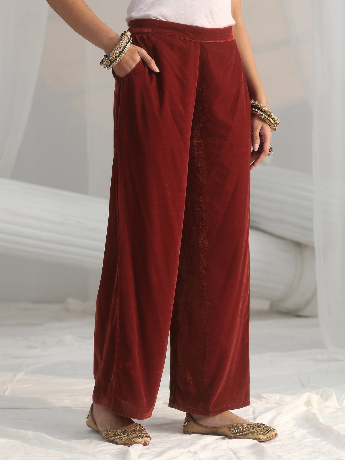Anouk Rust Brown Floral Embroidered Velvet Straight Suit Set