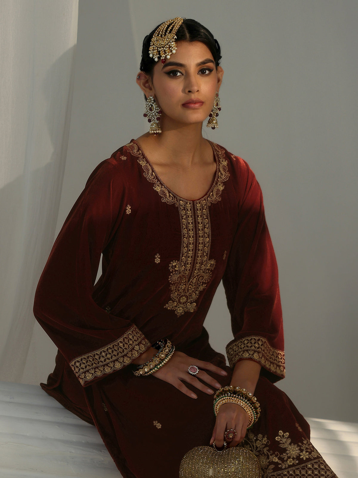 Anouk Rust Brown Floral Embroidered Velvet Straight Suit Set