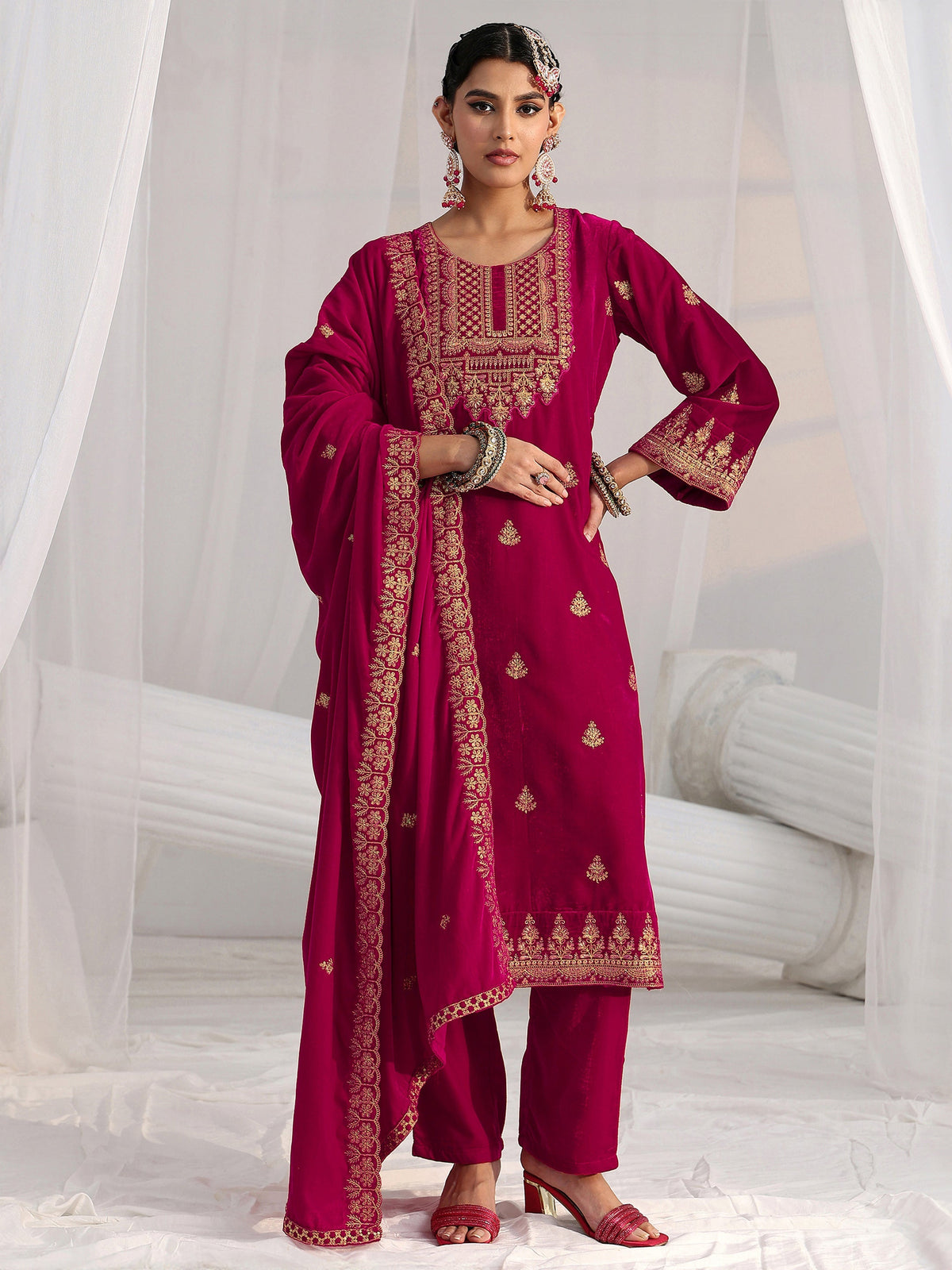 Anouk Crimson Red Floral Embroidered Velvet Straight Suit Set