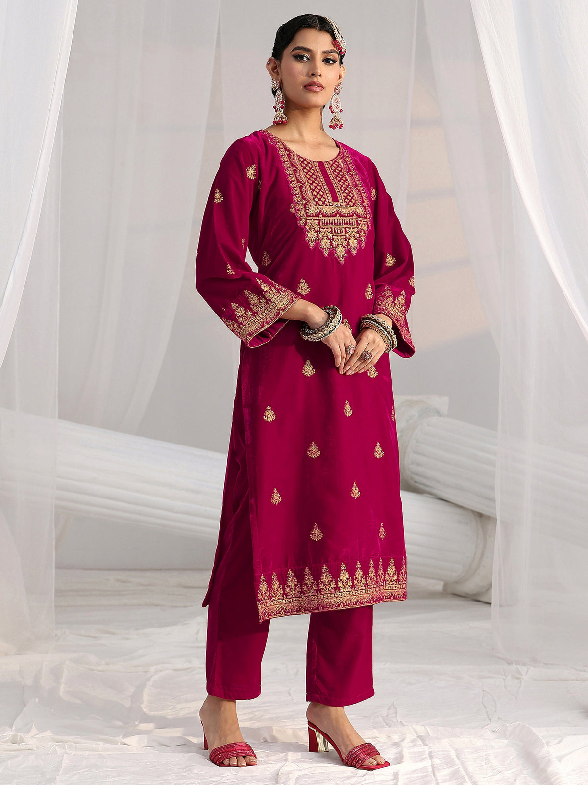 Anouk Crimson Red Floral Embroidered Velvet Straight Suit Set