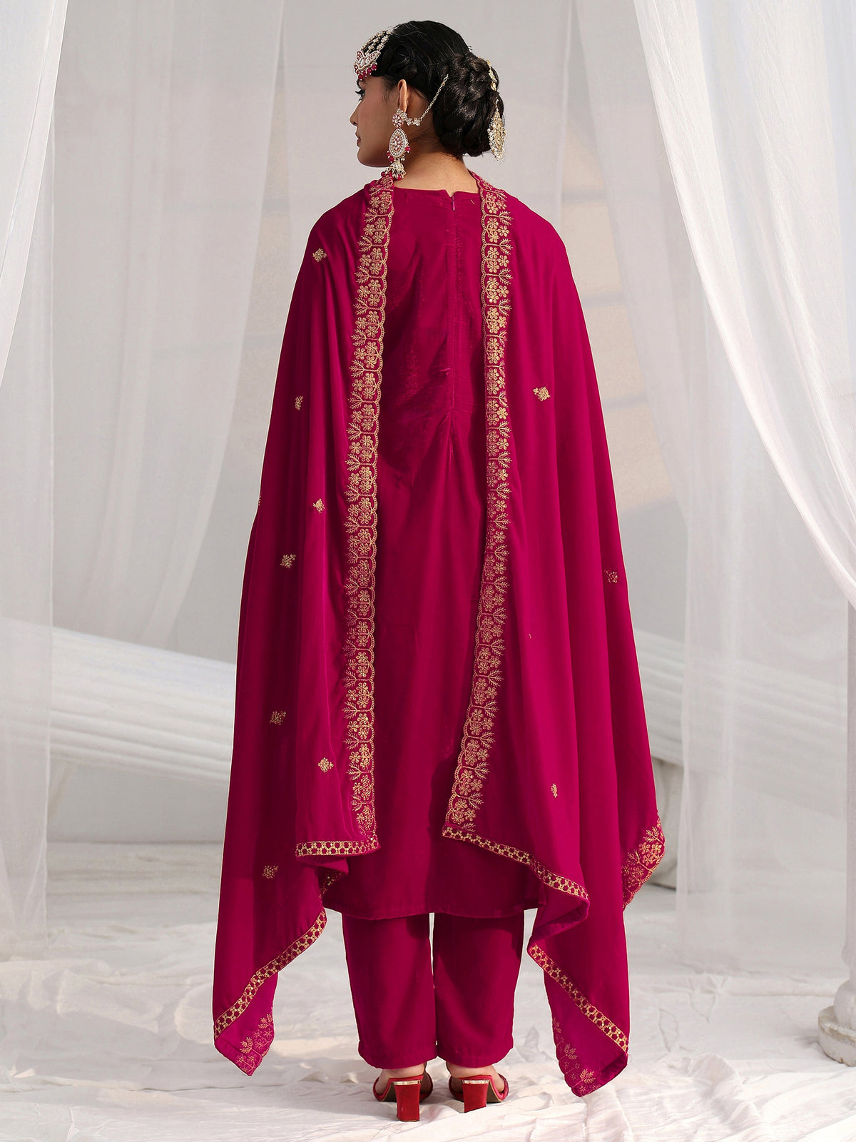 Anouk Crimson Red Floral Embroidered Velvet Straight Suit Set