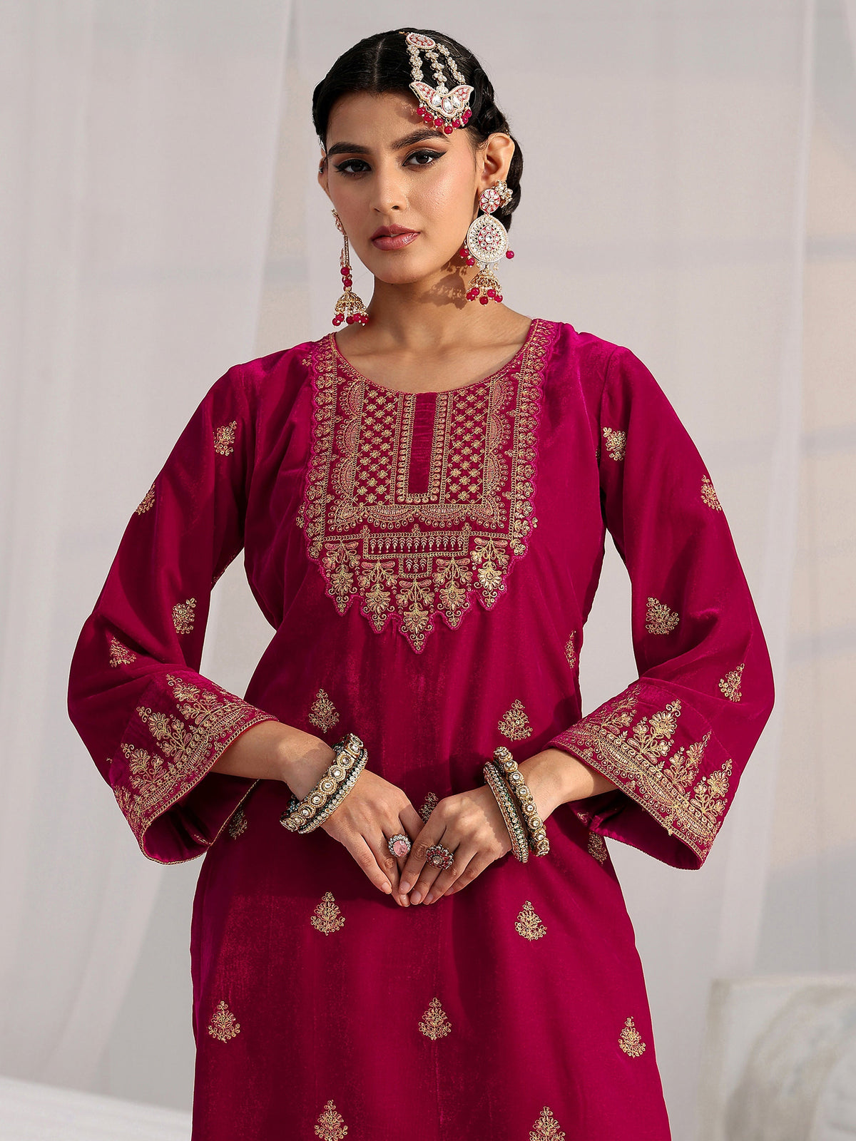 Anouk Crimson Red Floral Embroidered Velvet Straight Suit Set