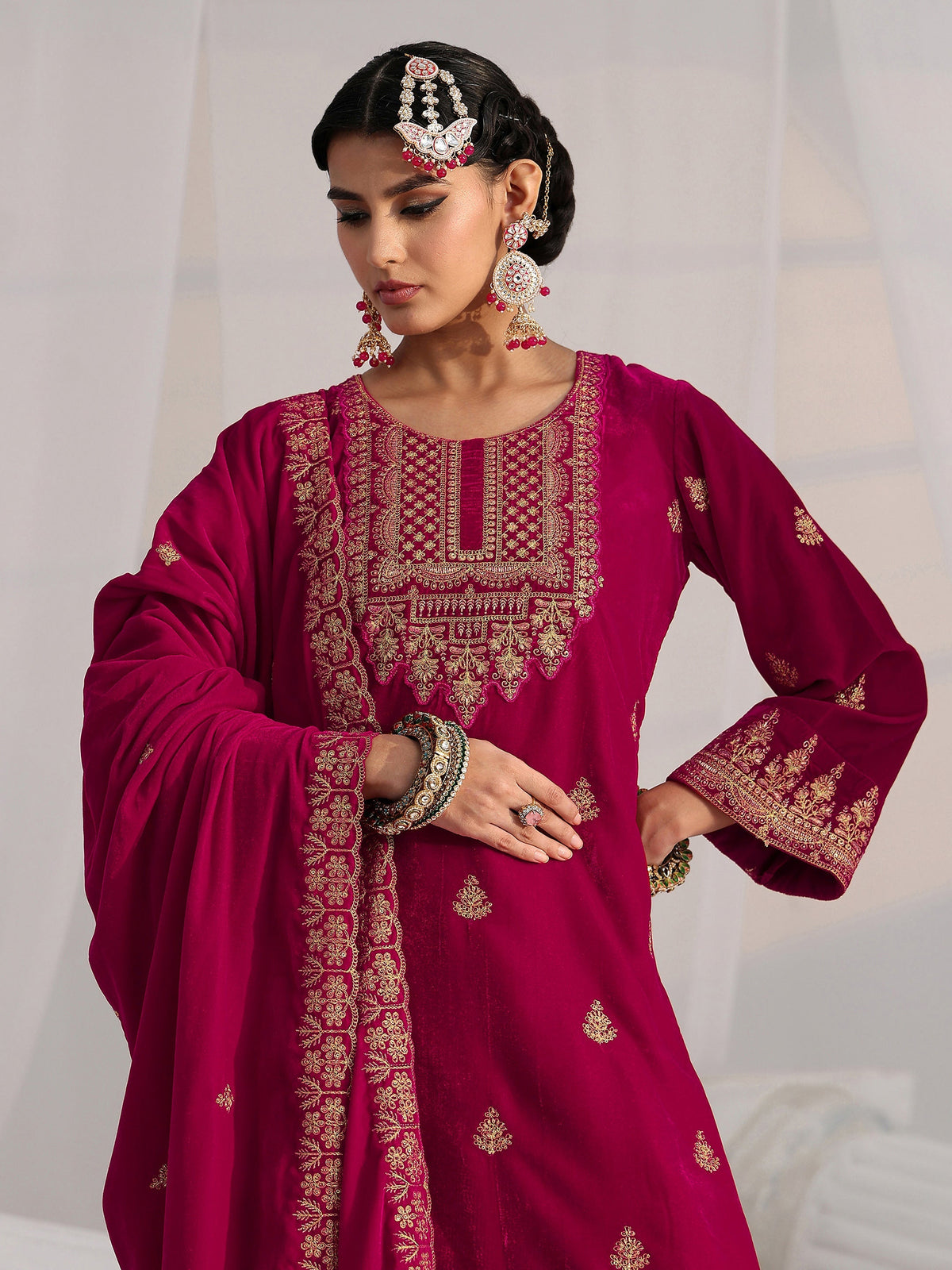 Anouk Crimson Red Floral Embroidered Velvet Straight Suit Set