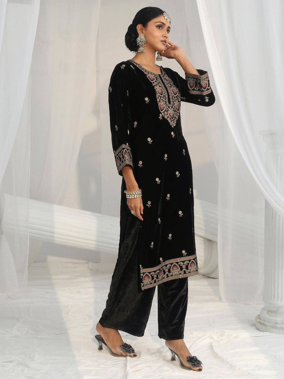 Anouk Black Ethnic Embroidered Velvet Straight Suit Set