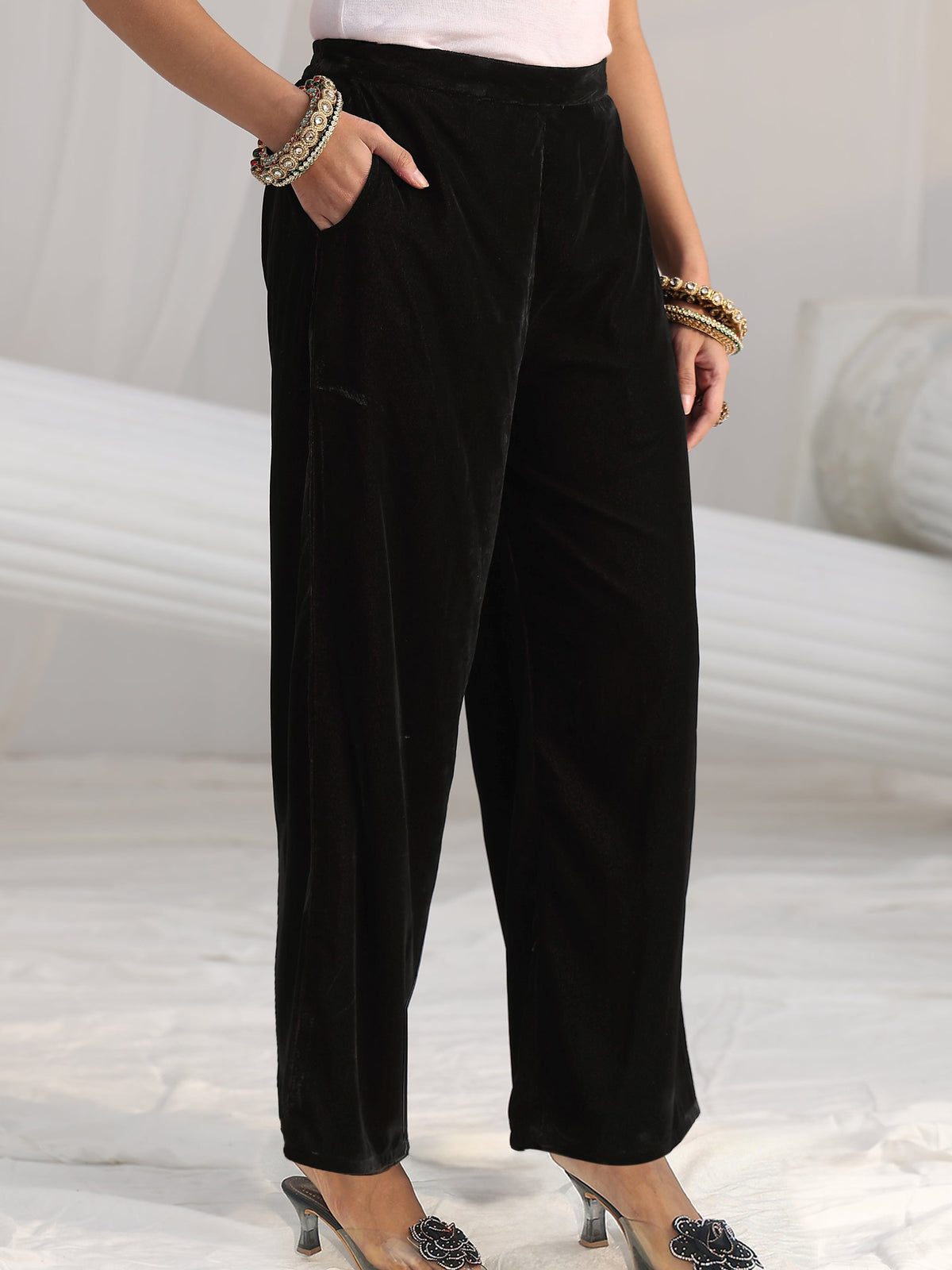 Anouk Black Ethnic Embroidered Velvet Straight Suit Set