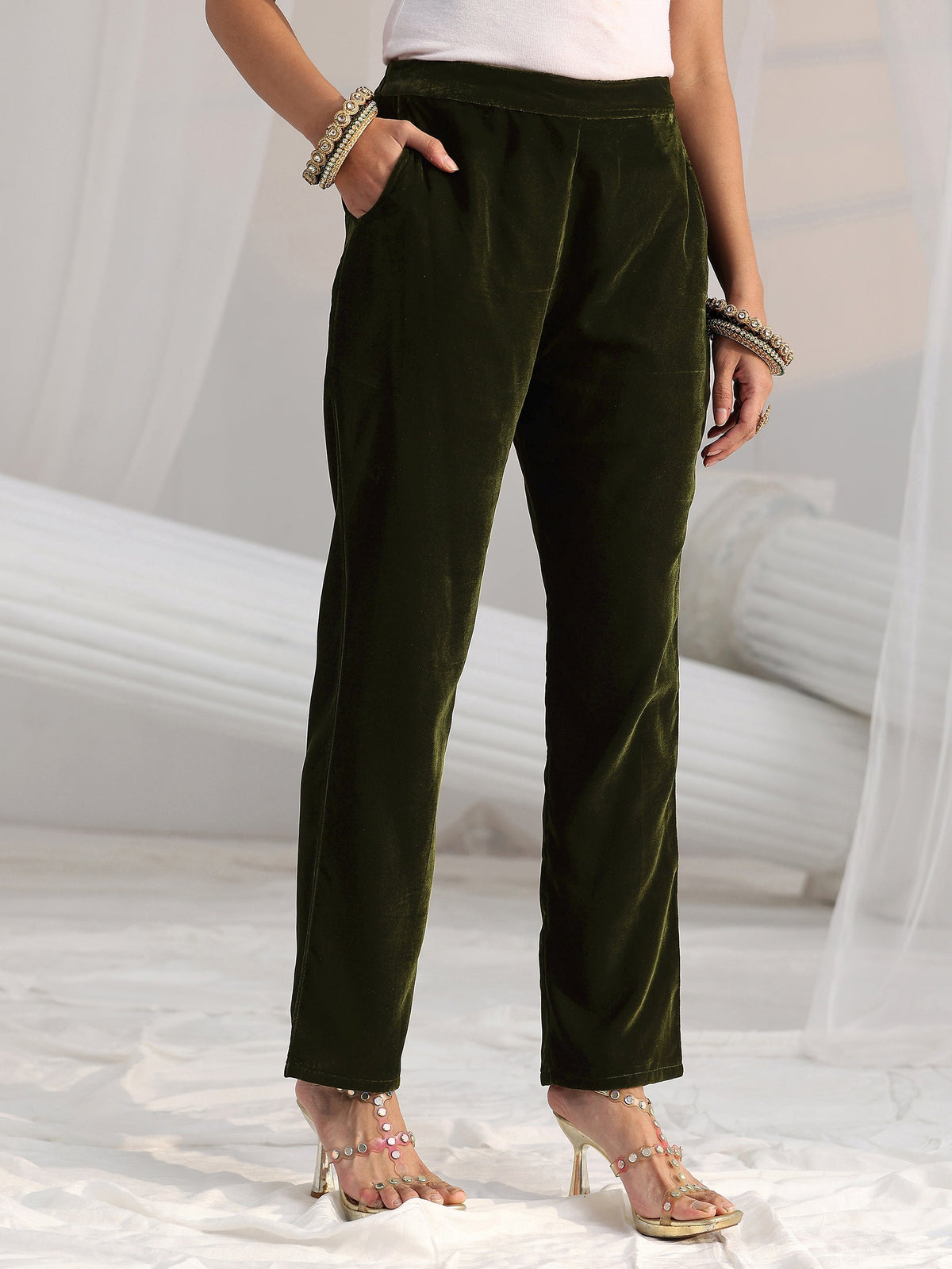 Anouk Forest Green Ethnic Embroidered Velvet Straight Suit Set