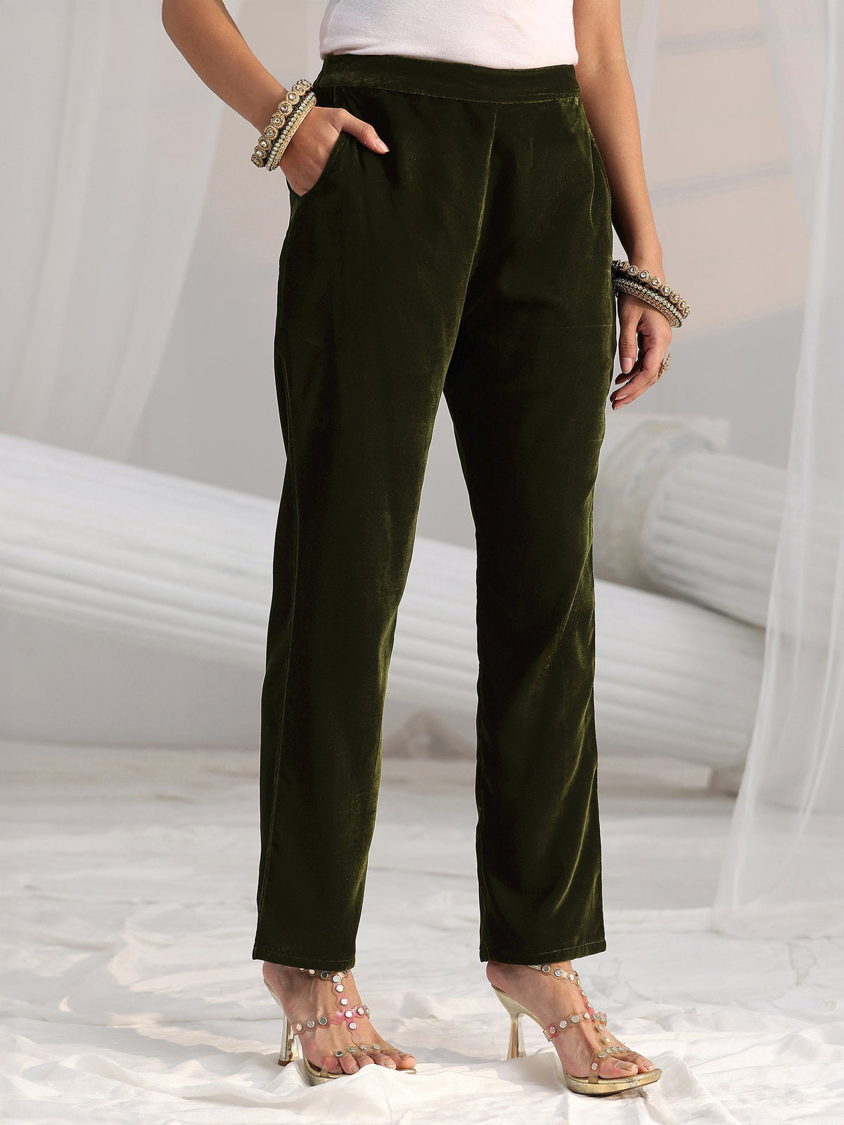 Anouk Forest Green Yoke Design Velvet Straight Suit Set