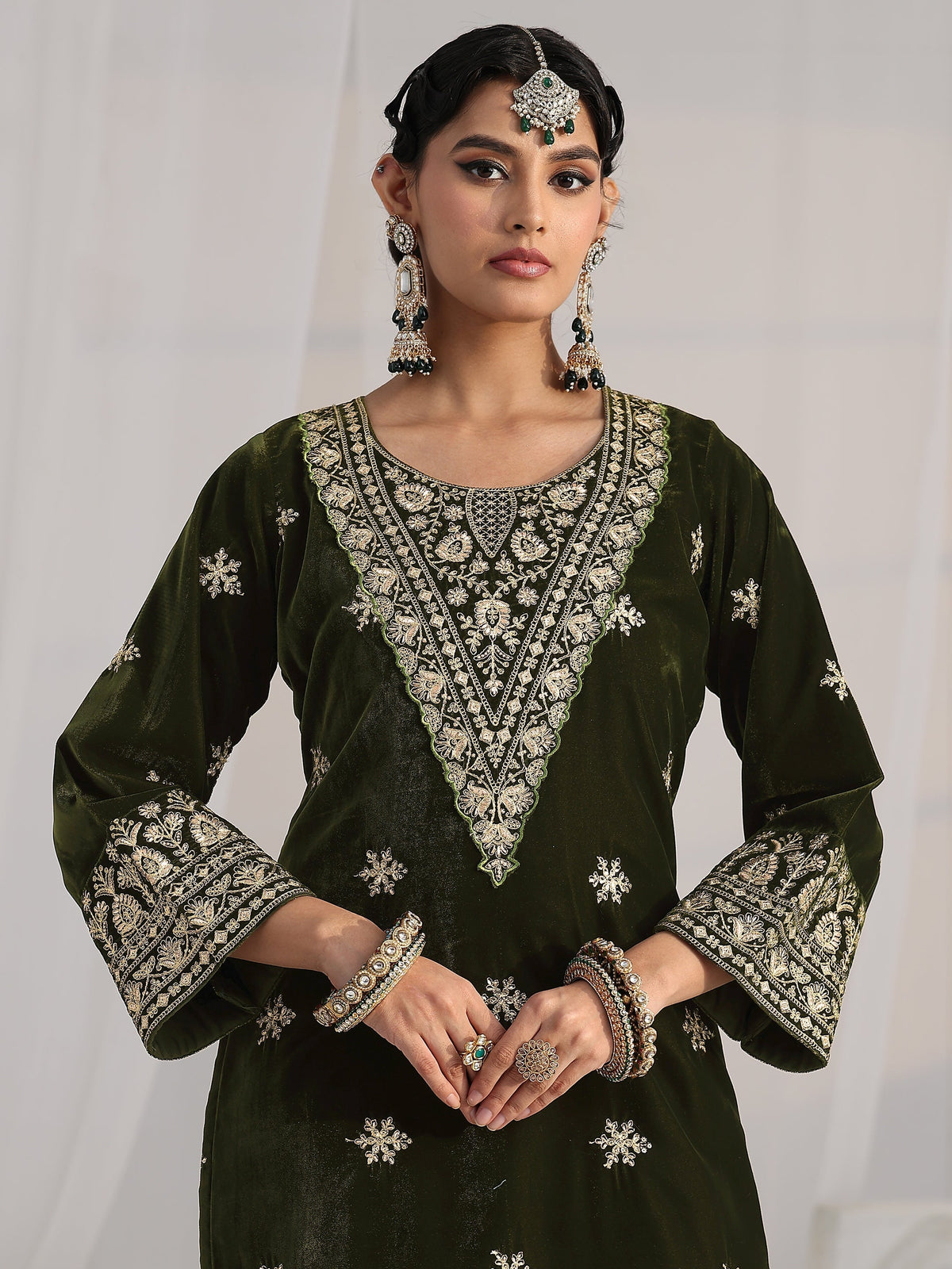 Anouk Forest Green Yoke Design Velvet Straight Suit Set