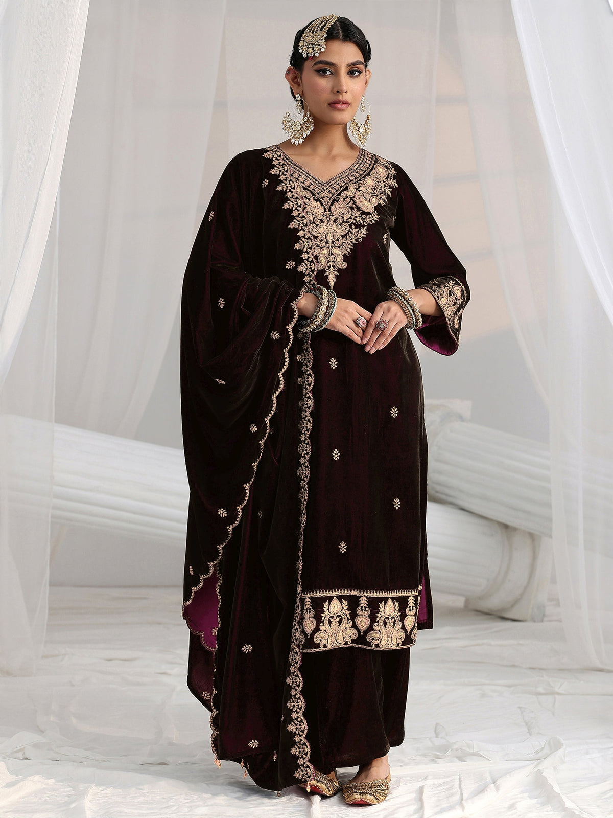 Anouk Burgundy Yoke Design Velvet Straight Suit Set
