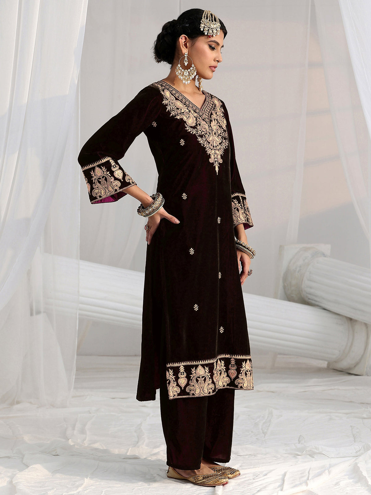 Anouk Burgundy Yoke Design Velvet Straight Suit Set