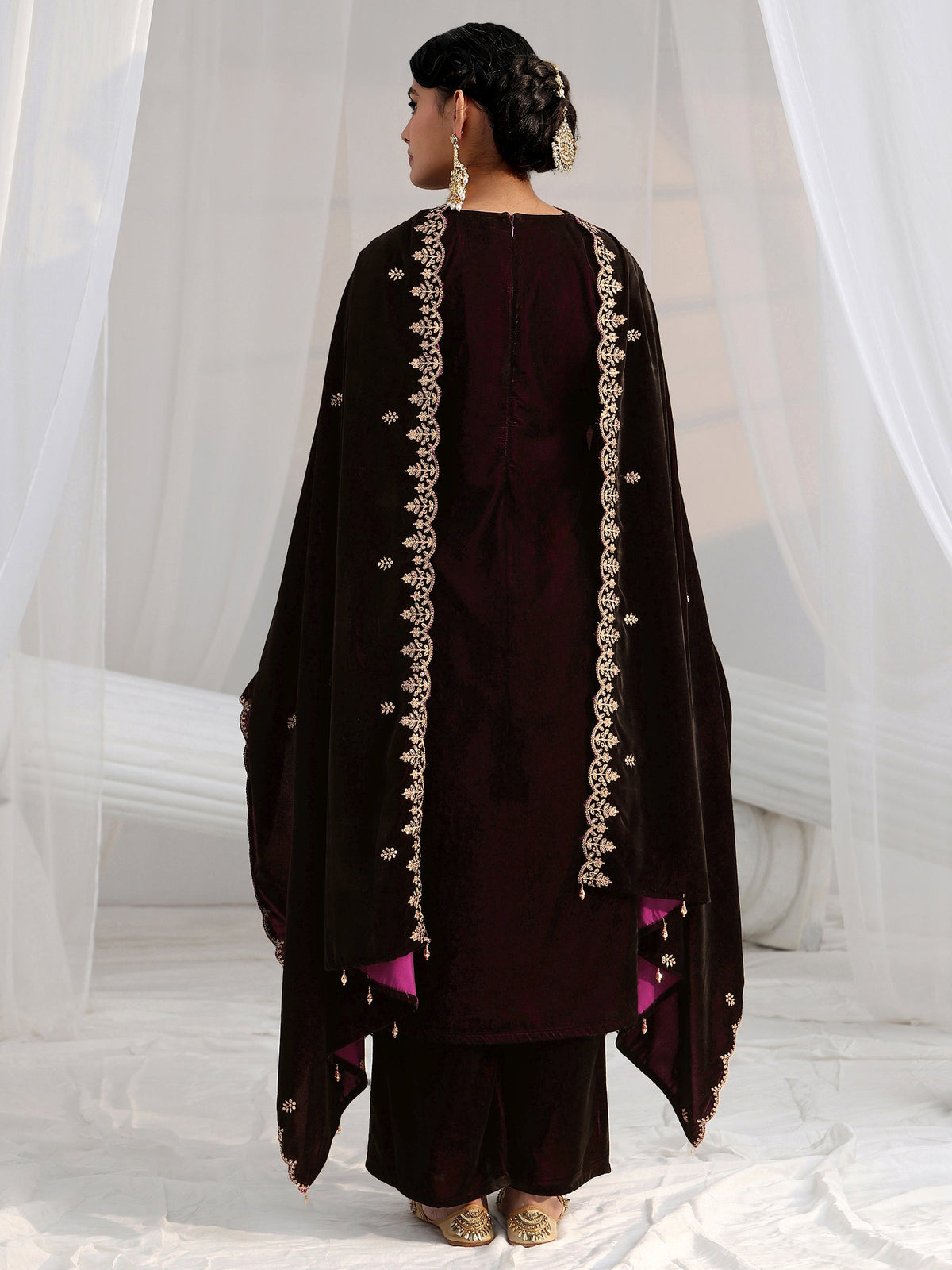 Anouk Burgundy Yoke Design Velvet Straight Suit Set