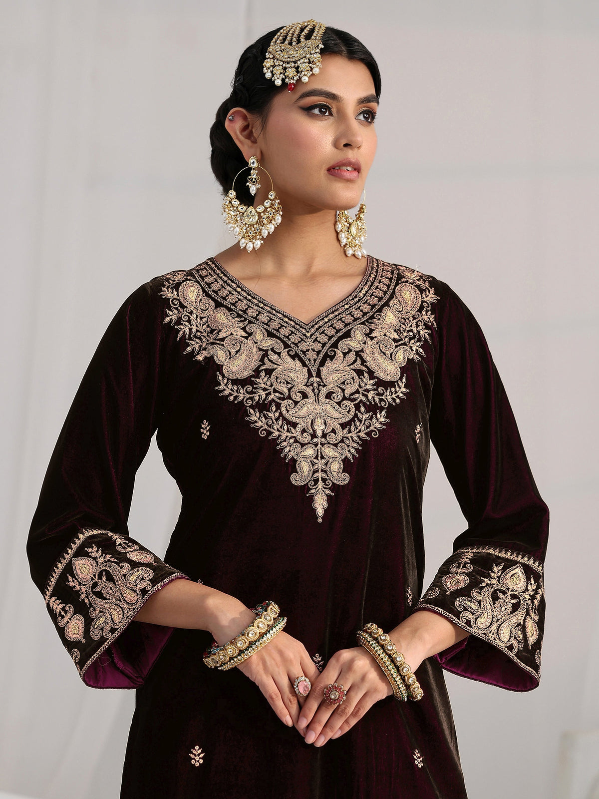 Anouk Burgundy Yoke Design Velvet Straight Suit Set