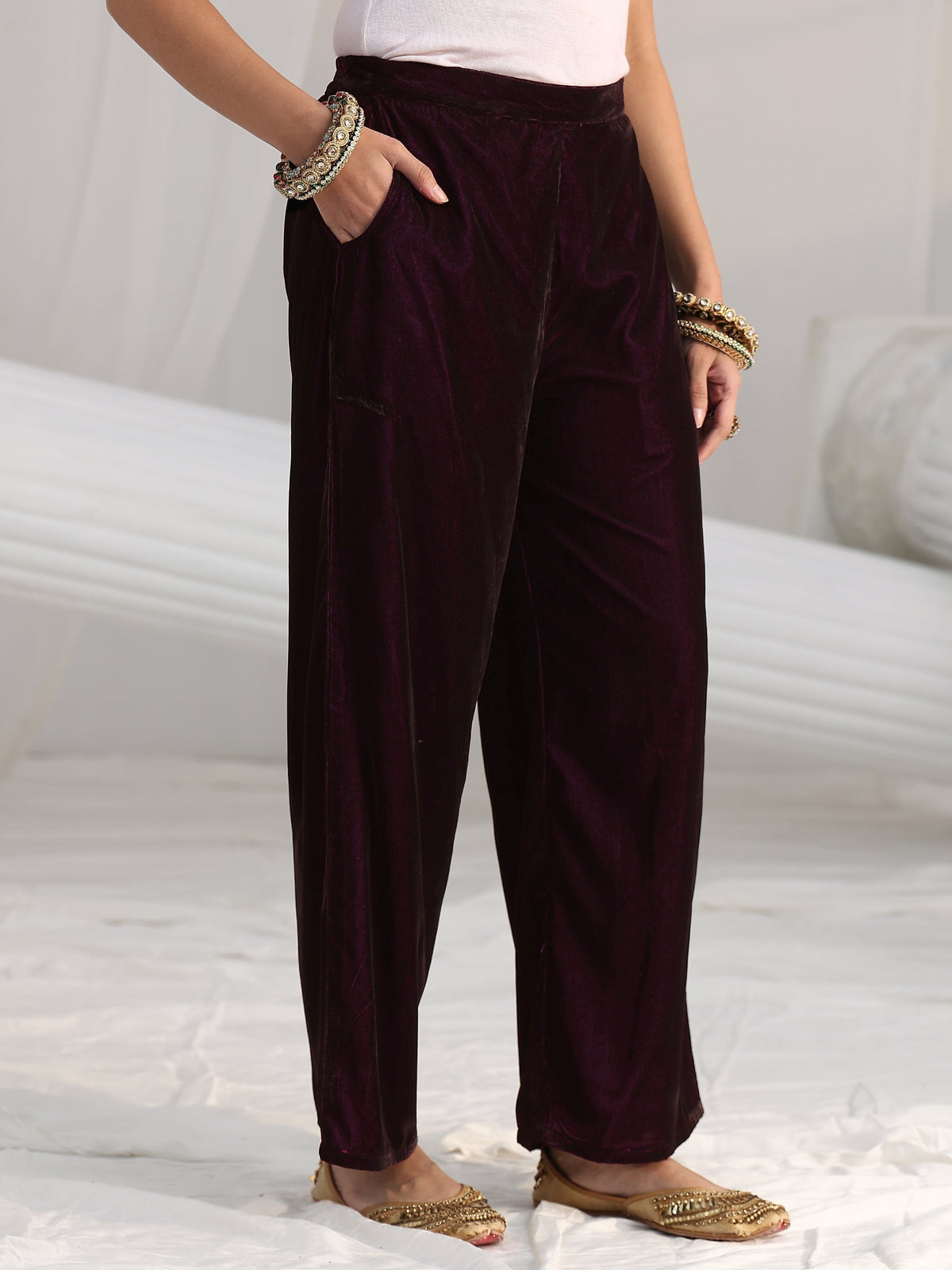 Anouk Burgundy Yoke Design Velvet Straight Suit Set