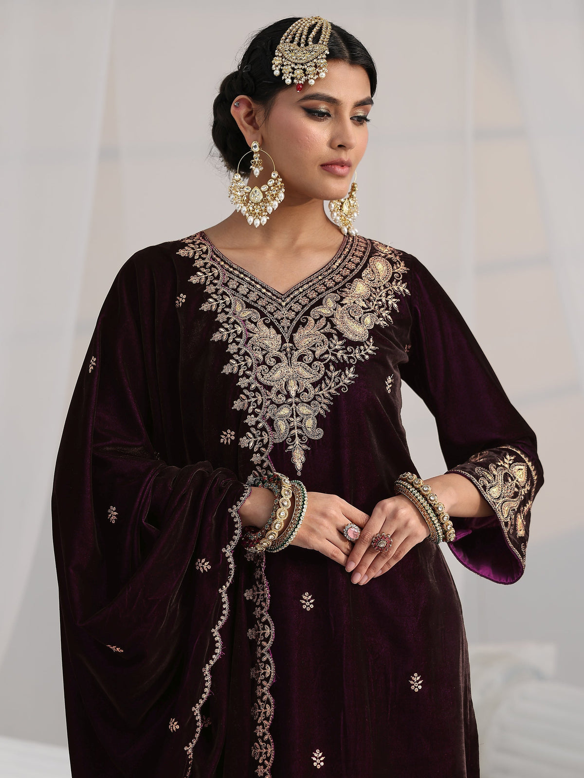 Anouk Burgundy Yoke Design Velvet Straight Suit Set
