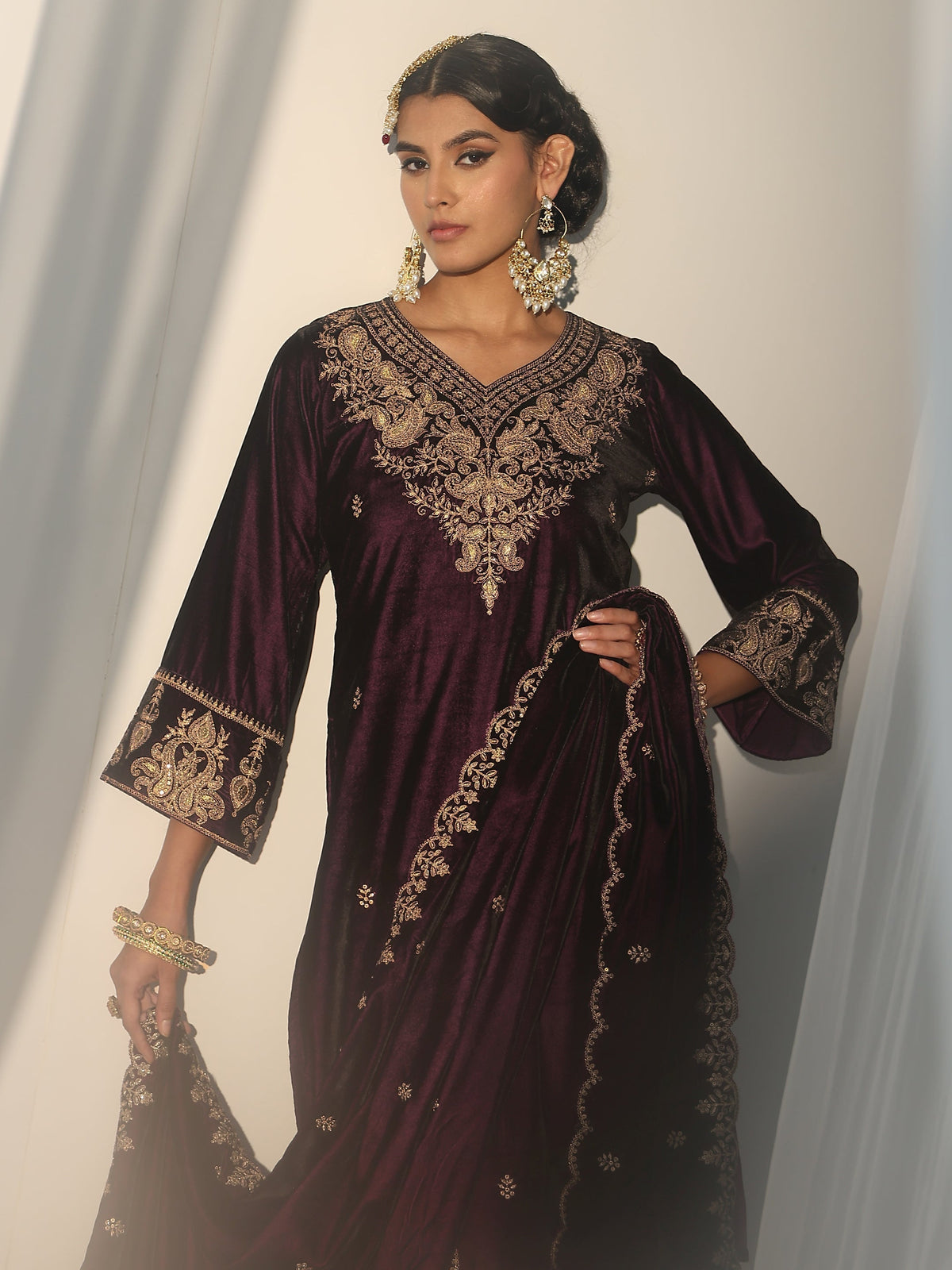 Anouk Burgundy Yoke Design Velvet Straight Suit Set